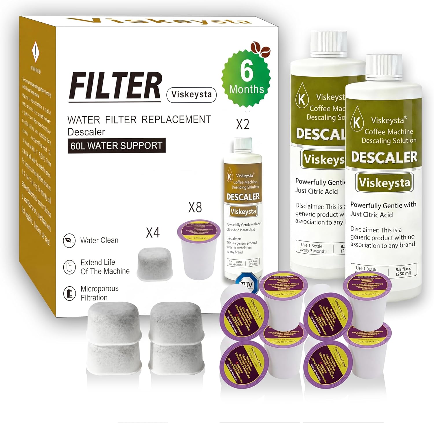 6-Month Maintenance Kit for Keurig: 2 Descalers + 4 Filters + 8 Cleaning Pods, Compatible with Keurig Classic/1.0/2.0 K-Cup Coffee Makers