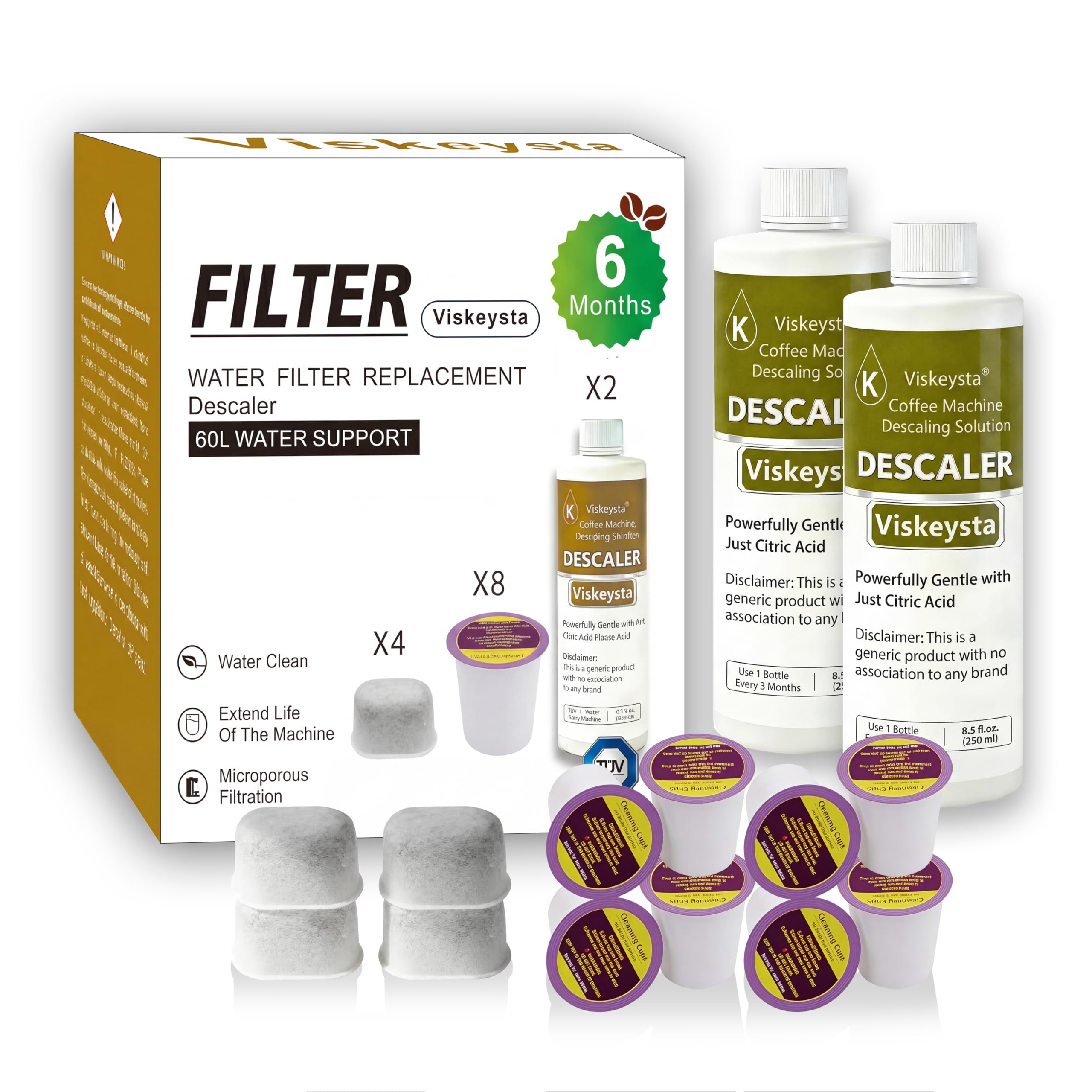 Viskeysta 6-Month Maintenance Kit for Keurig: 2 Descalers + 4 Filters + 8 Cleaning Pods, Compatible with Keurig Classic/1.0/2.0 K-Cup Coffee Makers