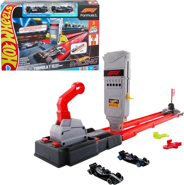 Hot Wheels Formula 1 Hızlı Başlangıç oyuncak araba ve pist seti, 1:64 ölçekli ve resmi lisanslı 2 F1 aracı pistte yan yana yarıştırma, JKM88