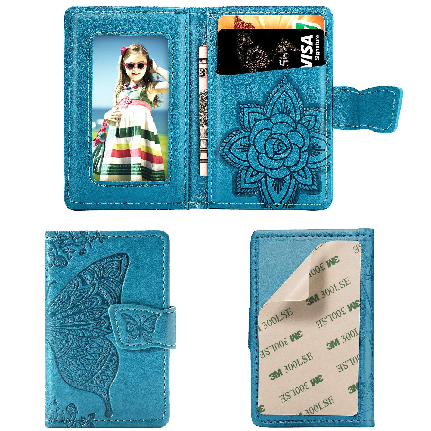 Phone Card Holder RFID Blocking Sleeve, 3D Butterfly Flower Kickstand Pu Leather Back Stick-On Adhesive Credit Cards & Cash Phone Wallet For Most of Smartphones iPhone/Android/Samsung Galaxy-Blue