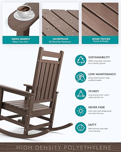 Miniatura 4 de SERWALL Oversized Rocking Chair, Outdoor Rocking Chair for Adults, All Weather Resistant Porch Rocker for Lawn Garden, Brown Marrón