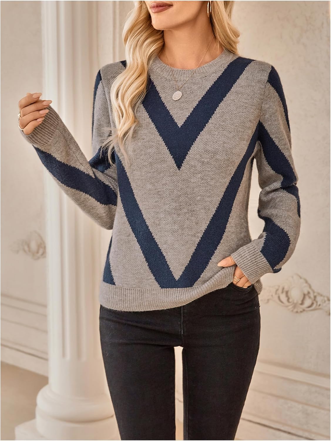 SweatyRocks Women's Chevron Print Long Sleeve Knitted Crewneck Sweater Casual Pullover Top - Image 6