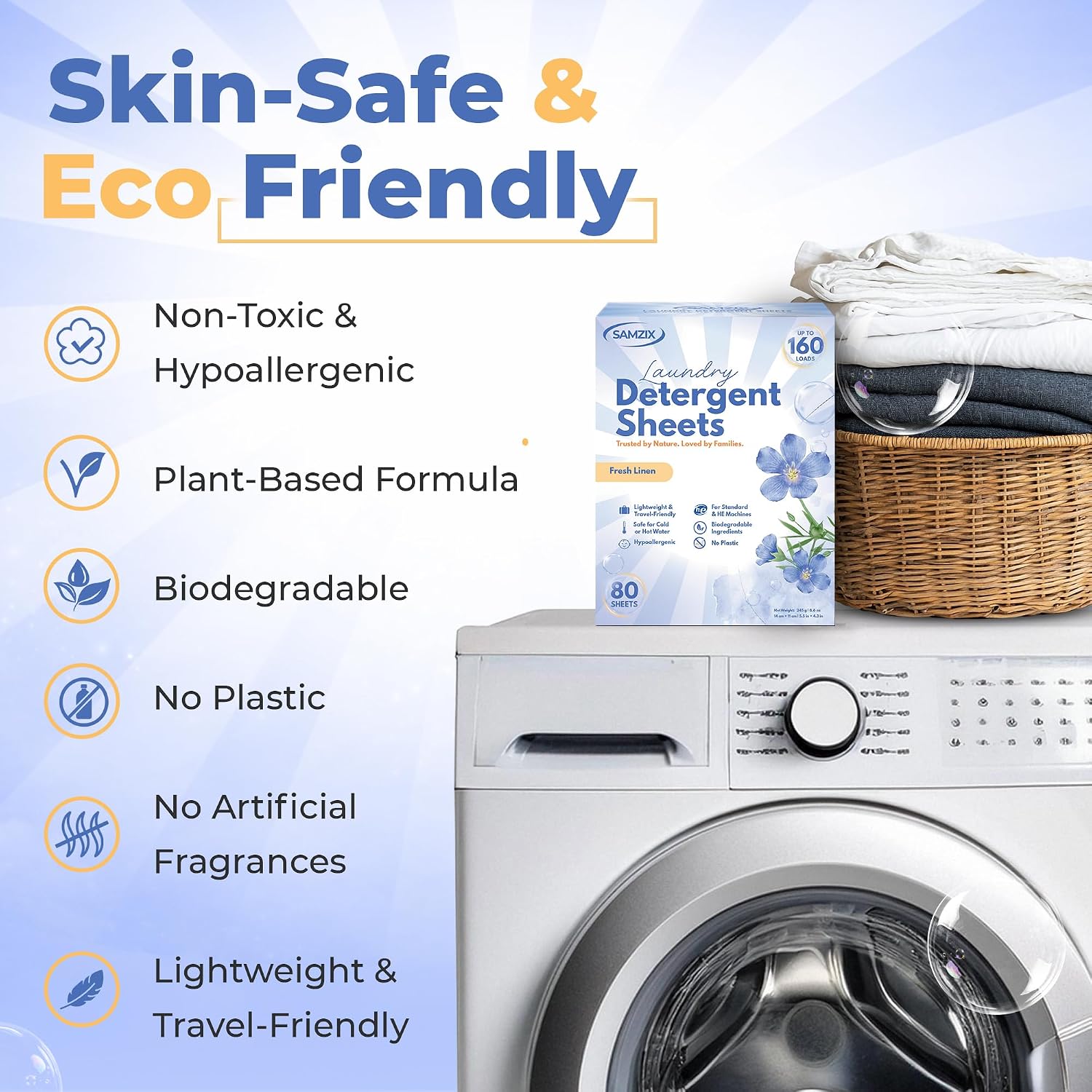 Laundry Detergent Sheets, Fresh Linen, 80 Count (Up to 160 Loads), Plant-Based, Plastic-Free, Biodegradable, Hypoallergenic, HE & Standard Washers, Travel-Friendly