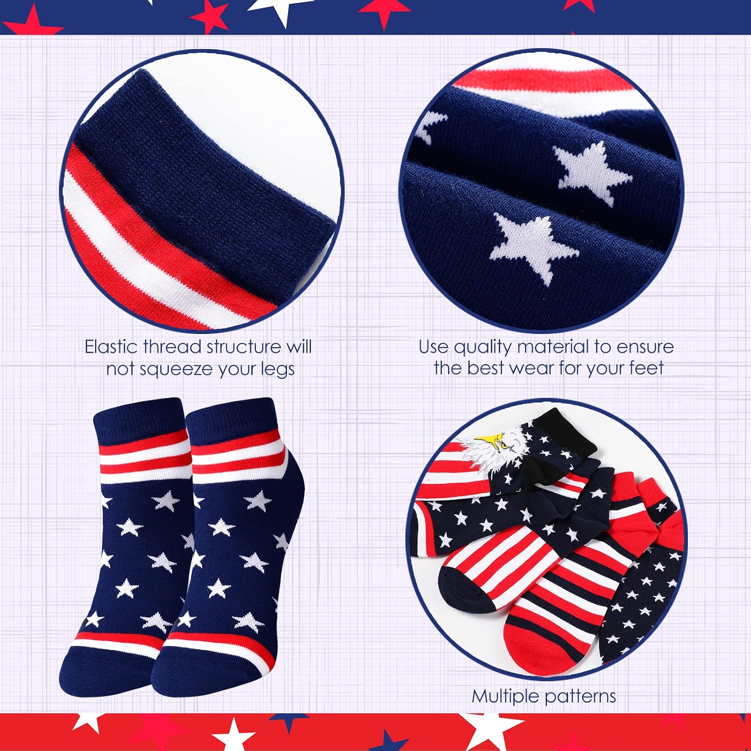 Vicenpal 5 Pairs Unisex American Flag Socks USA Stars Striped Patriotic Low Lightweight Cotton Novelty Low Cut Ankle Dress Socks Gifts for Christmas Teen Girl Men Women