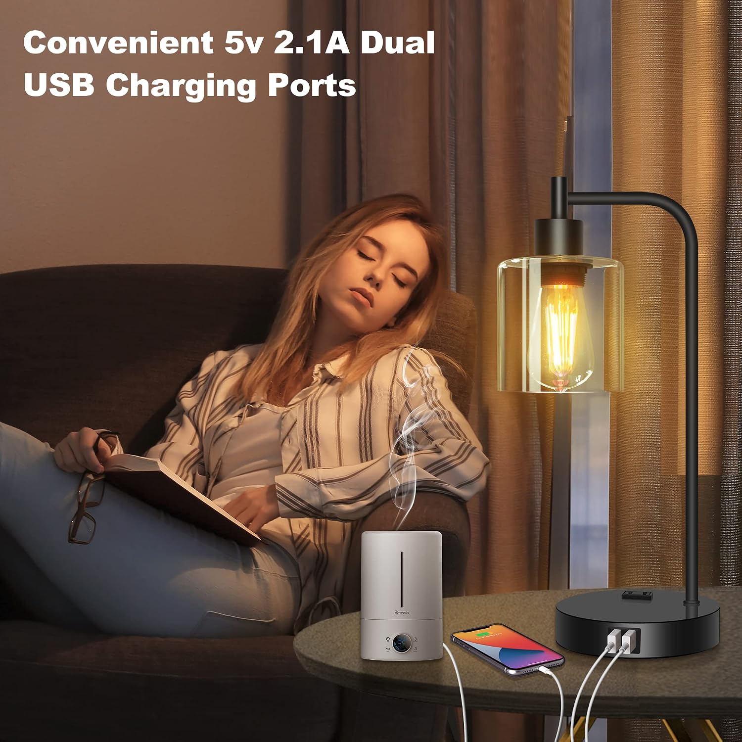 QiMH Industrial Touch Control Table Lamp with 2 USB Ports and 2 AC Outlets, 3-Way Dimmable Bedside Nightstand Reading Lamps with Warm White LED Bulb, Glass Desk Lamp for Bedroom, Office