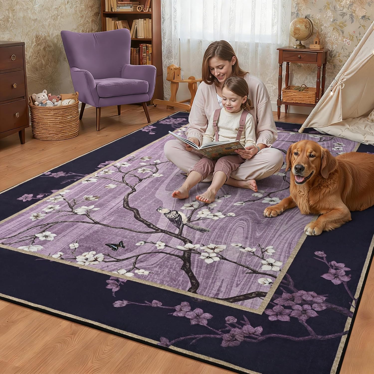Foxmas 6x9 Area Rugs for Living Room, Washable Oriental Floral Birds Large Rug, Non-Slip Low Pile Indoor Throw Carpets for Bedroom Dining Room Office Farmhouse Home Decor, Purple