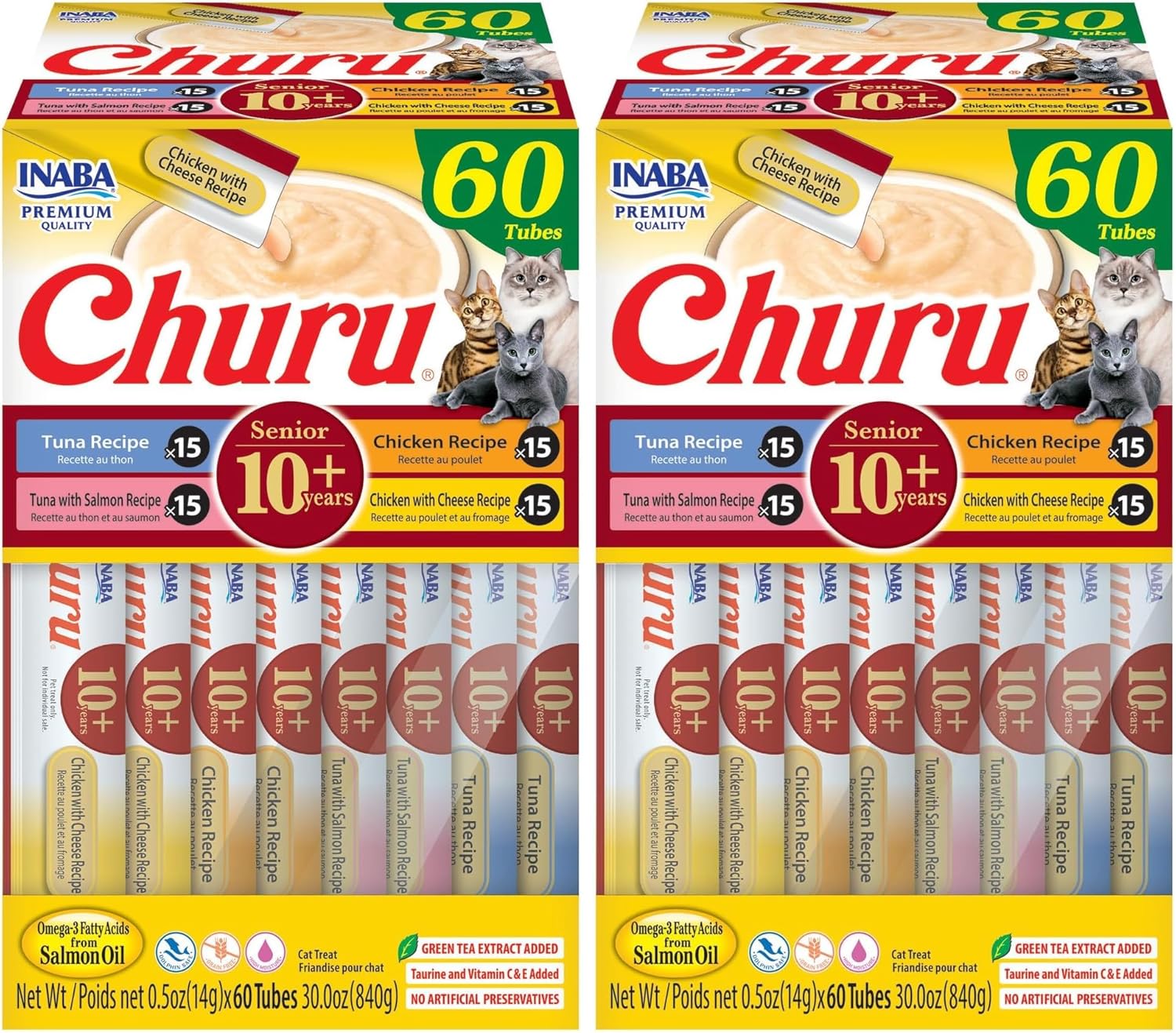 INABA Churu for Senior 10+,Creamy Lickable Cat Treats with Taurine,Vitamin E & C,0.5 Ounces Each,Tubes,Tuna & Chicken Variety,(Pack of 120)