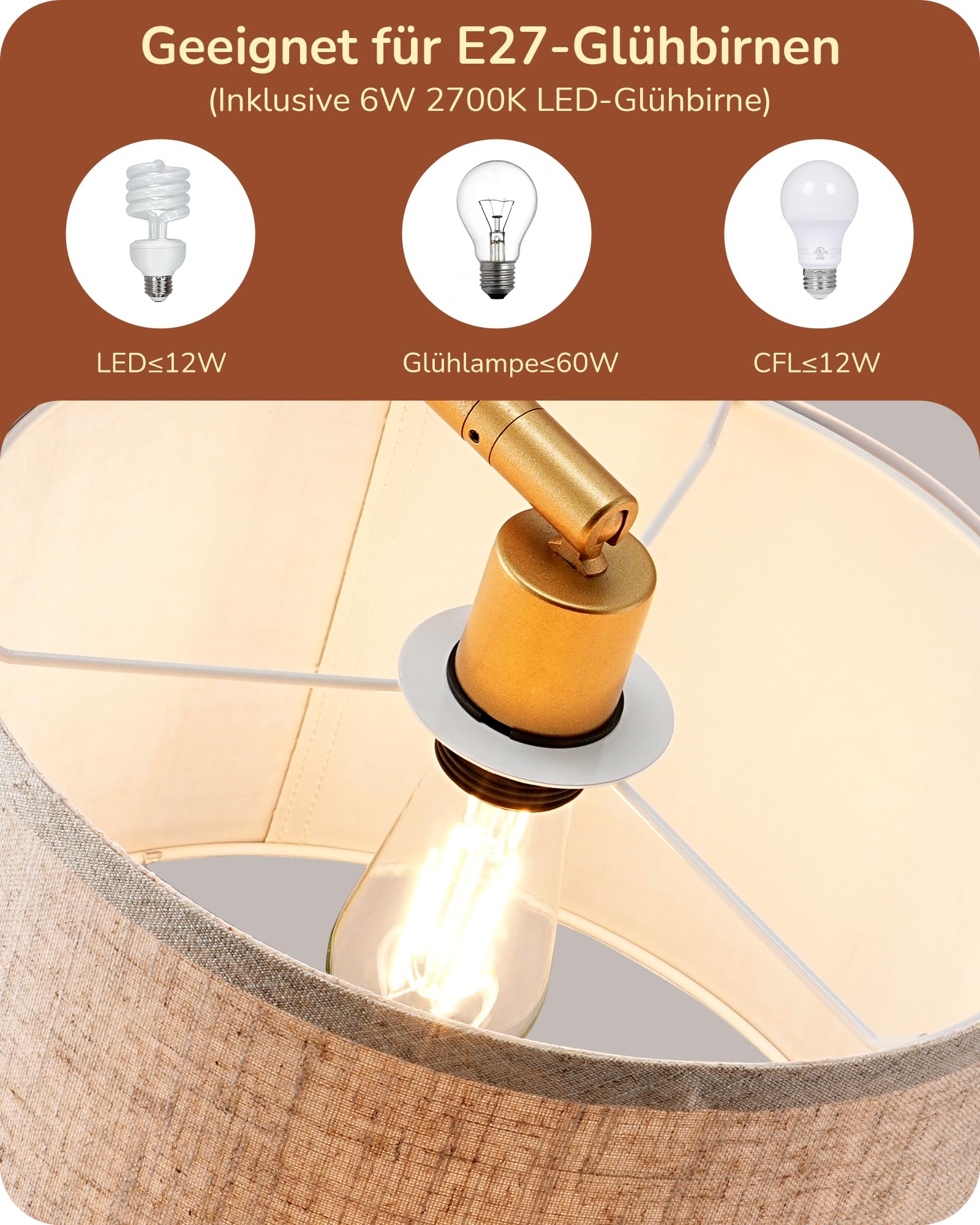 EDISHINE Stehlampe Wohnzimmer, 161cm Bogenlampe mit Verstellem Beigen Leinen-Lampenschirm & Fußschalter, mit E27 LED-Glühbirne, Leselampe Schlafzimmer, Stehleuchte Modern für Kinderzimmer, Gold