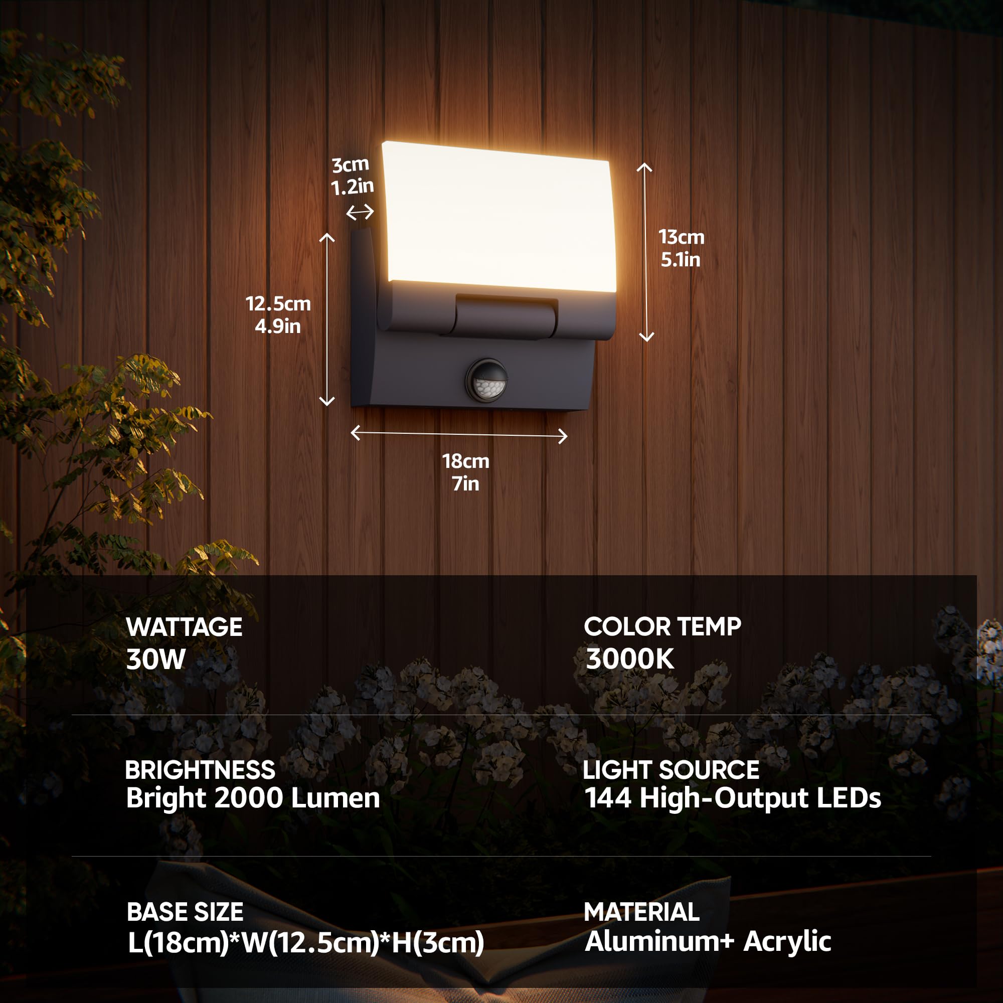 K-Bright 30W Lampa naścienna zewnętrzna/wewnętrzna LED z czujnikiem ruchu Antracyt Lampa zewnętrzna IP65 3000K z obrotowym akrylowym panelem 150° do ogrodu, tarasu, wejścia