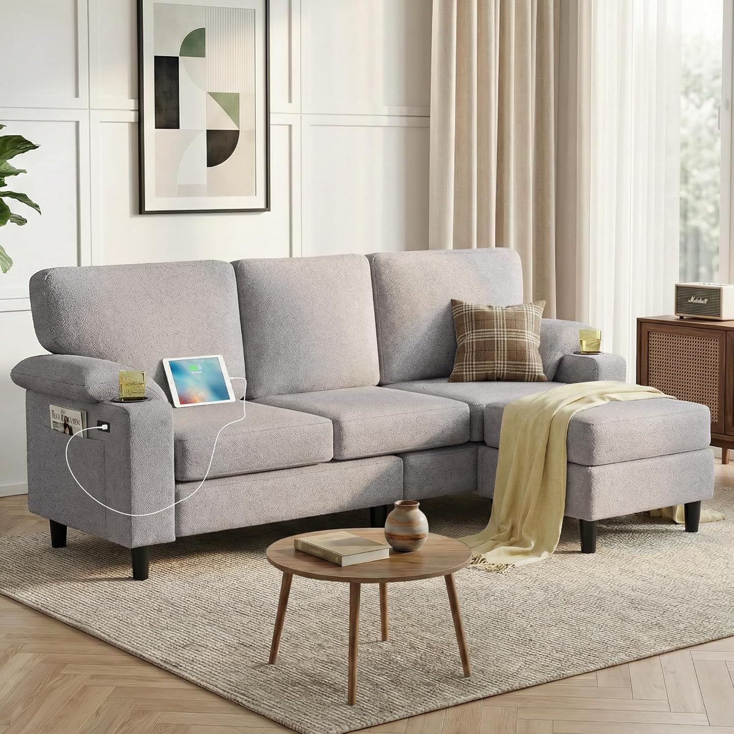 80'' L-Shaped Sectional Sofa with Reversible Storage Ottoman, 3-Seater Teddy Fabric Couch with USB Charger and Cup Holders for Small Space(Grey) | USB Charging port, Cup Holder, Side pocket, Storage Foot Stool, Removable Arm Pillow