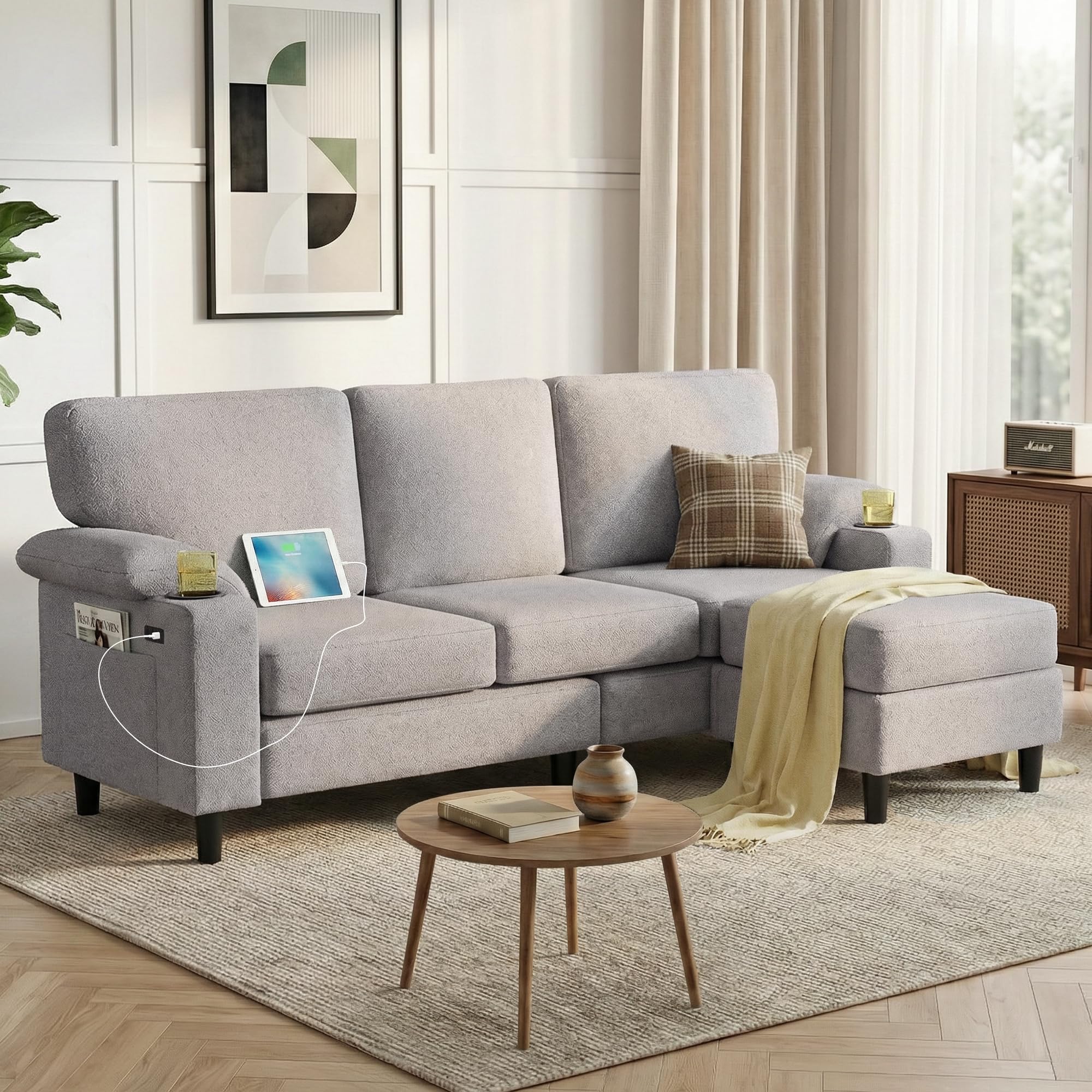 tiramisubest 80'' L-Shaped Sectional Sofa with Reversible Storage Ottoman, 3-Seater Teddy Fabric Couch with USB Charger and Cup Holders for Small