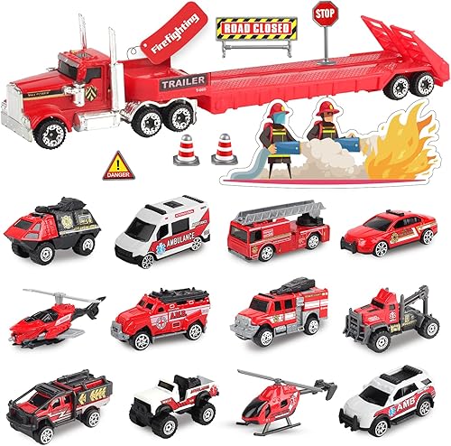 Miniatura 1 de Oriate Fire Truck Vehicle Toys with Flatbed Trailer &amp; Various Traffic Road Signs, Diecast Firetruck for 3 4 5 6 7 Year Old Boys - Ambulance,