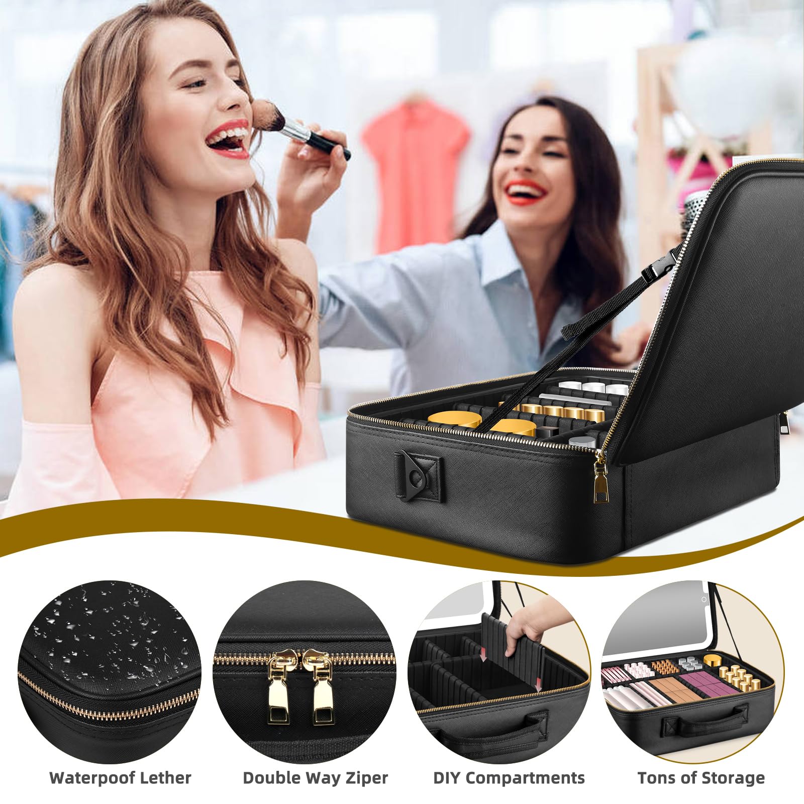 Trousse de Maquillage avec Miroir LED Amovible, Grand 38X28cm Professionnel Sac de cosmétiques de Voyagea de Lumineux, boîtier de Maquillage avec Miroir éclairé, 3 Modes d'éclairage,Cuir PU