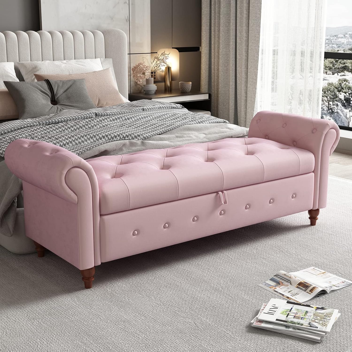 63" Velvet Rolled Arm Storage Ottoman Bench, Modern Tufted Storage Bench for Bedroom End of Bed, Rolled Arm Upholstered Storage Bench with Solid Wood Legs for Living Room, Bedroom, Entryway, Pink