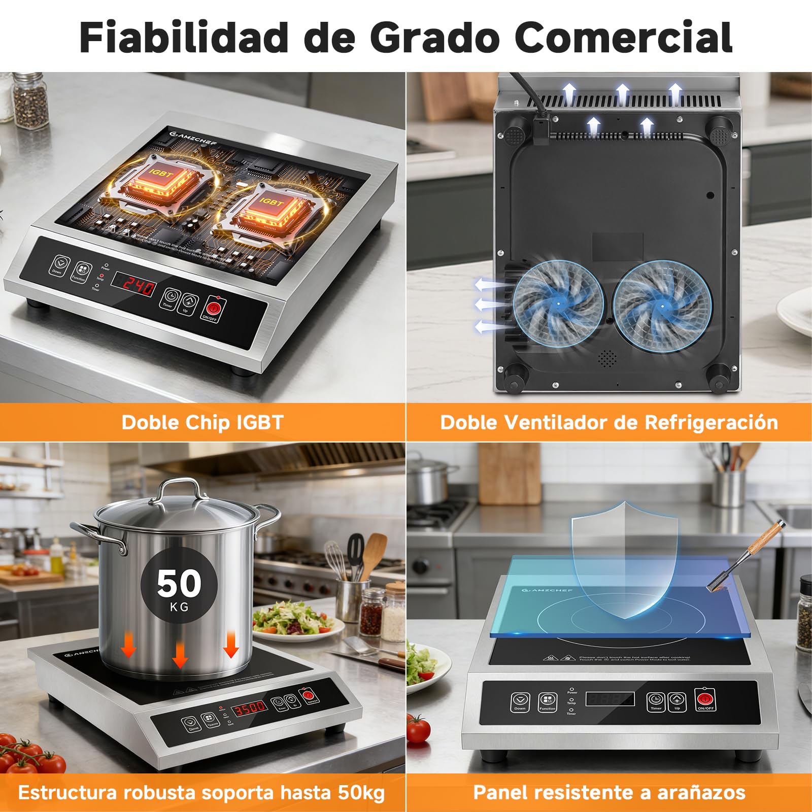 AMZCHEF Placa Inducción Comercial 3500W, 21 Niveles de Potencia & 20 Niveles de Temperatura, Cuerpo de Acero Inoxidable, Temporizador 10H, Adecuado para Cocina de Catering Profesional Restaurante