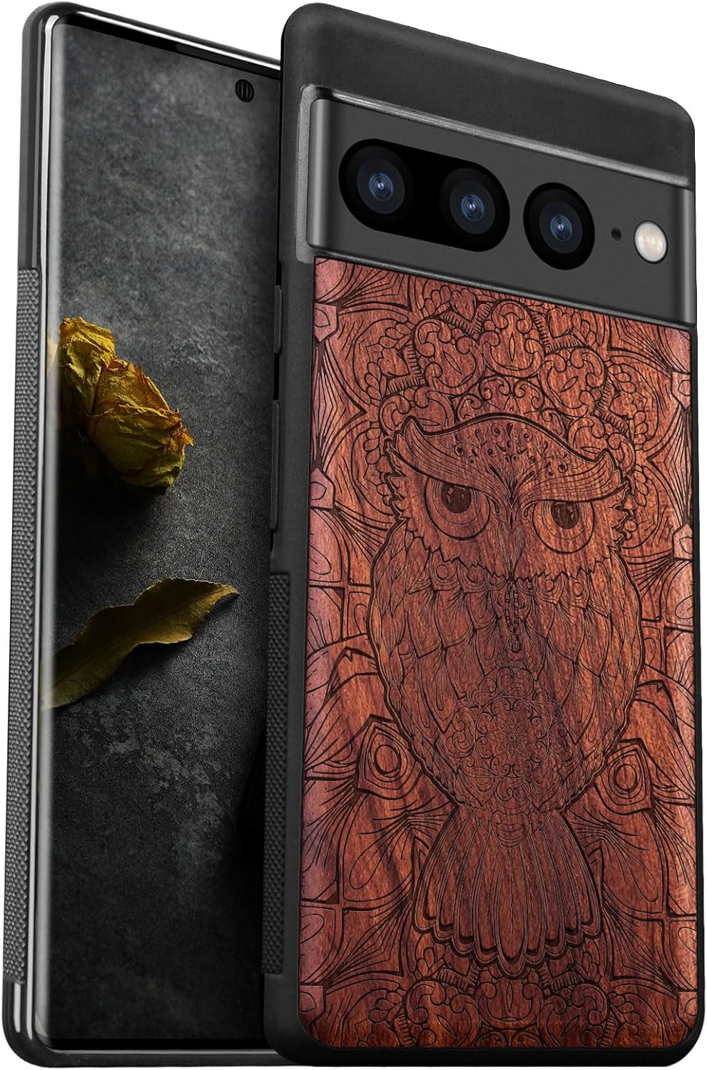 Carveit Wood Case for Pixel 7 Pro Case [Natural Wood & Black Soft TPU] Shockproof Protective Unique Wooden Cover Compatible with Google Pixel 7 Pro (The Owl Tapestry-Rosy)