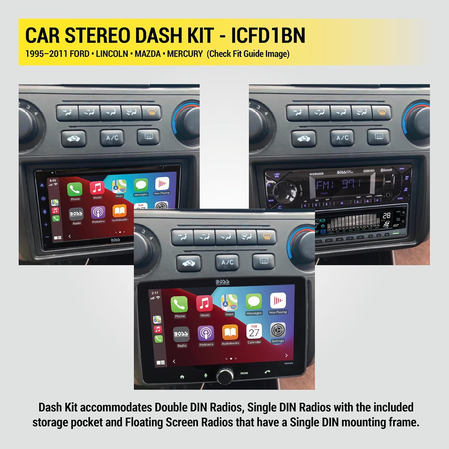 Scosche ICFD1BN Double DIN Radio Install Dash Kit and Harness Compatible with Select 1995-11 Ford, Lincoln, Mazda & Mercury Vehicles - Complete Basic Car Stereo Installation Kit - Does Not Retain SWC