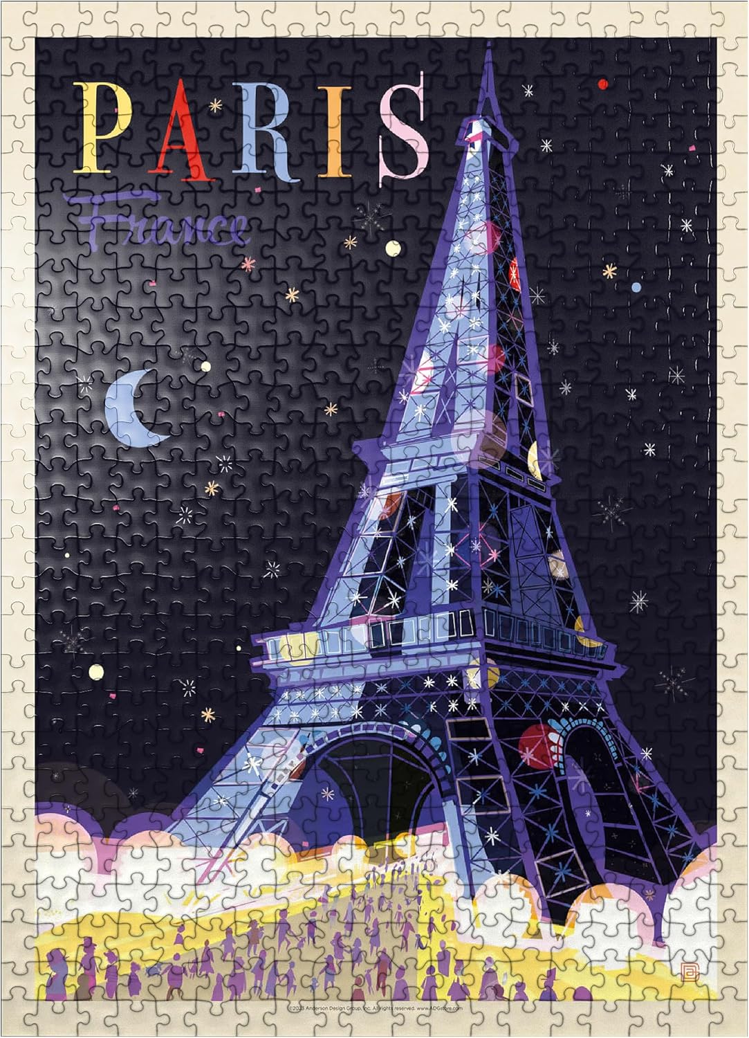 MyPuzzle France: Paris, Eiffel Tower At Night (Mod Design), Vintage Poster - Premium 1000 Piece Jigsaw Puzzle for Adults