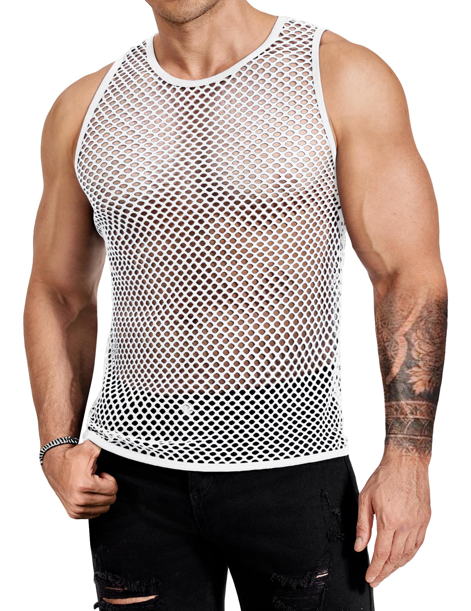 Men Casual Tank Tops Mesh Shirt See Through Sleeveless Shirts Muscle Fishnet Fitted Tee Clubwear Summer