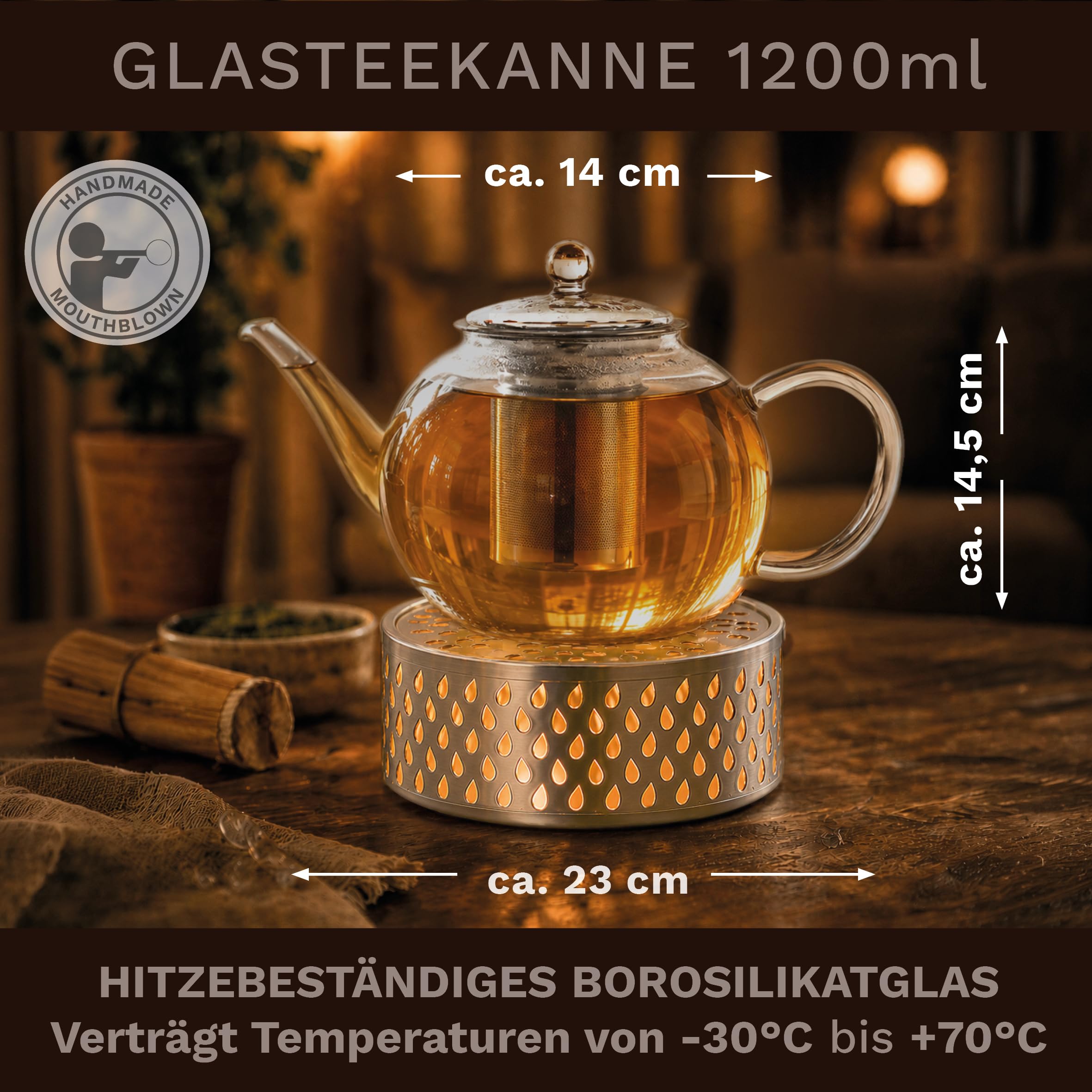 Creano Teekanne aus Glas 1,2l + ein Stövchen aus Edelstahl, 3-teilige Glasteekanne mit integriertem Edelstahl Sieb und Glasdeckel, ideal zur Zubereitung von losen Tees, tropffrei