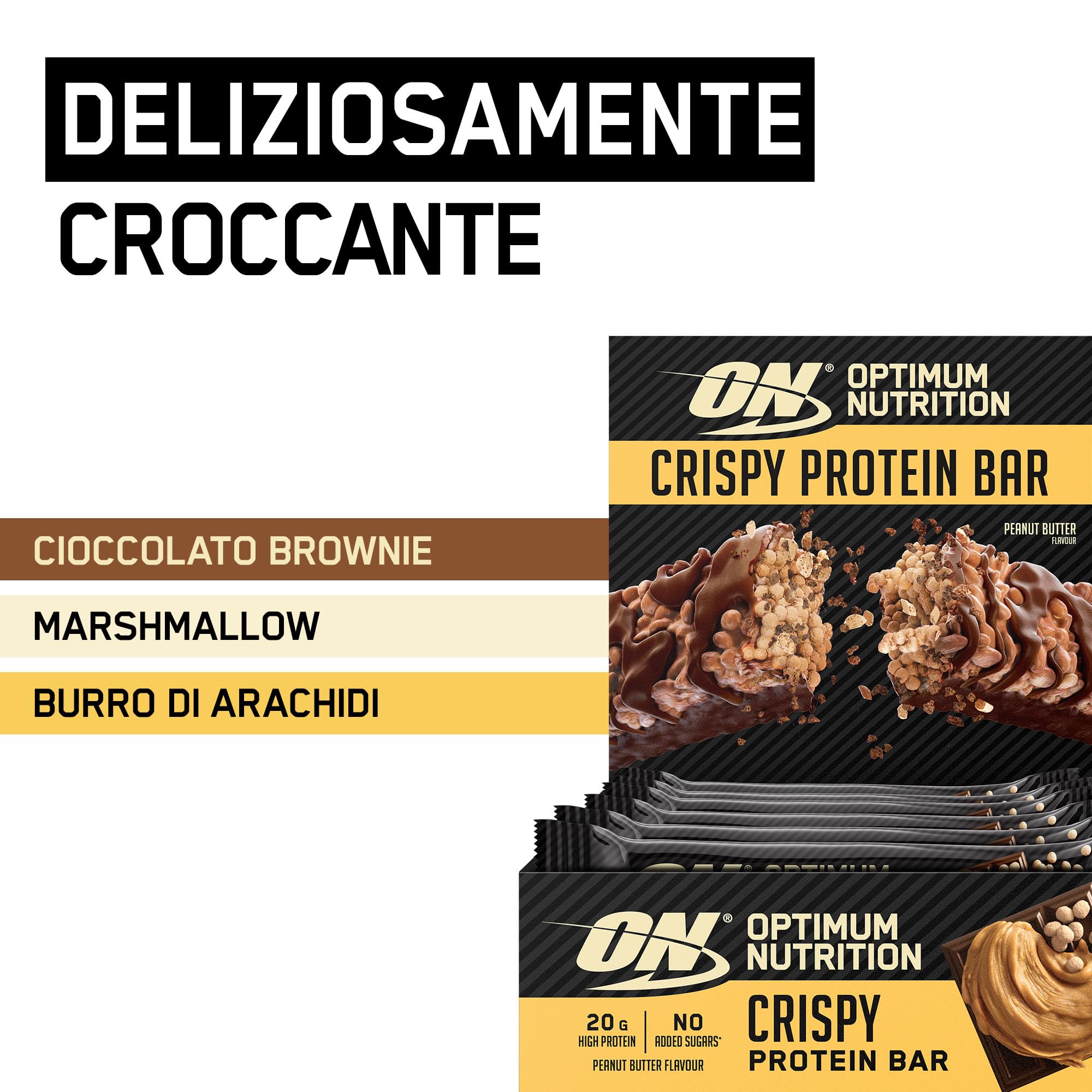 Optimum Nutrition Crispy Protein Bar Barretta Cioccolato al Burro di Arachidi Snack ad Alto Contenuto di Proteine 20 Barrette da 65g
