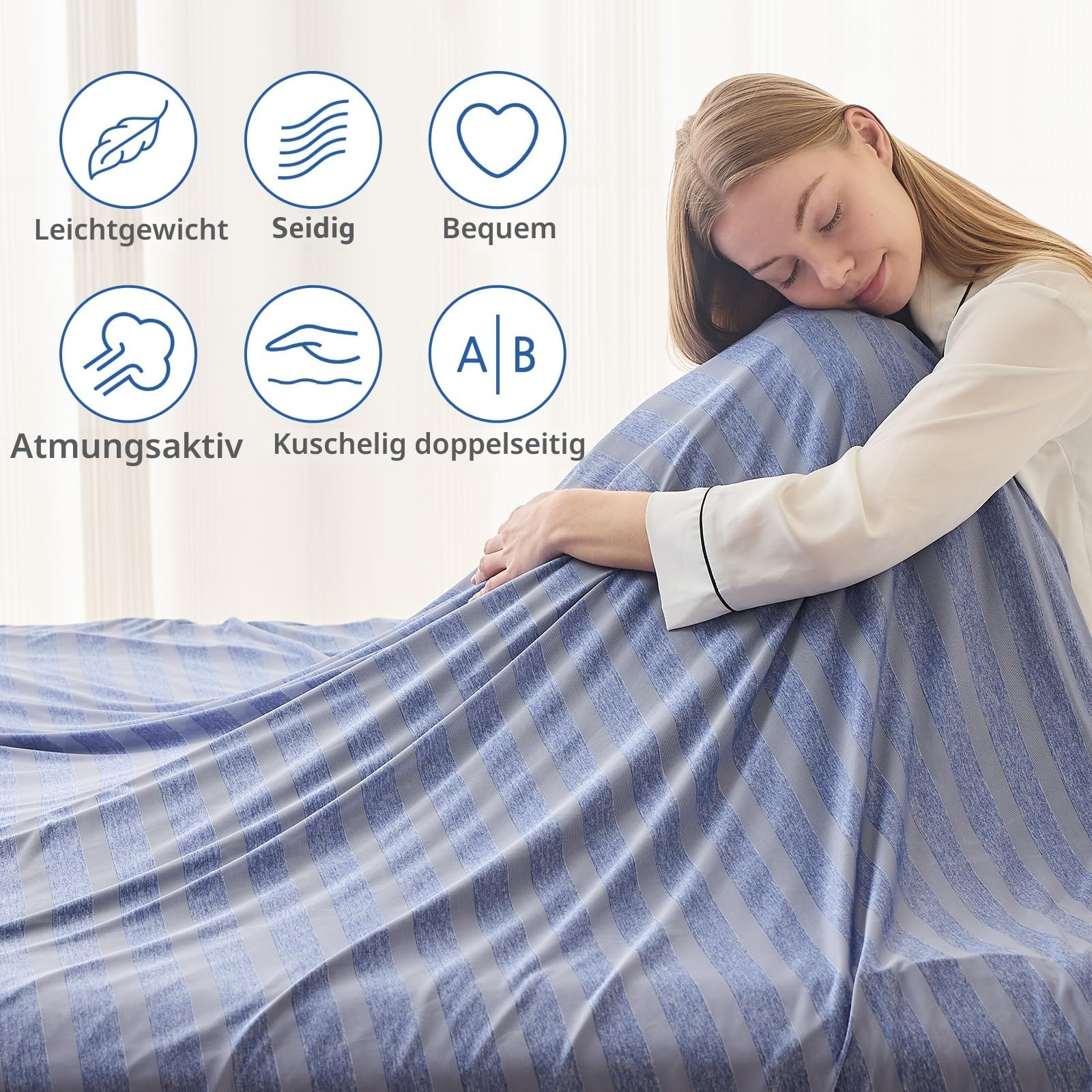 EMME Kühldecke Kühlende Decke, Arc-Chill Q-Max>0,5, 230 x270 cm, 2 in 1 Doppelseitige Dünne Sommerdecke, Leicht Atmungsaktiv Tagesdecken, Sofa Decken,Bettüberwurf Groß Kuscheldecke,Blau Gestreift