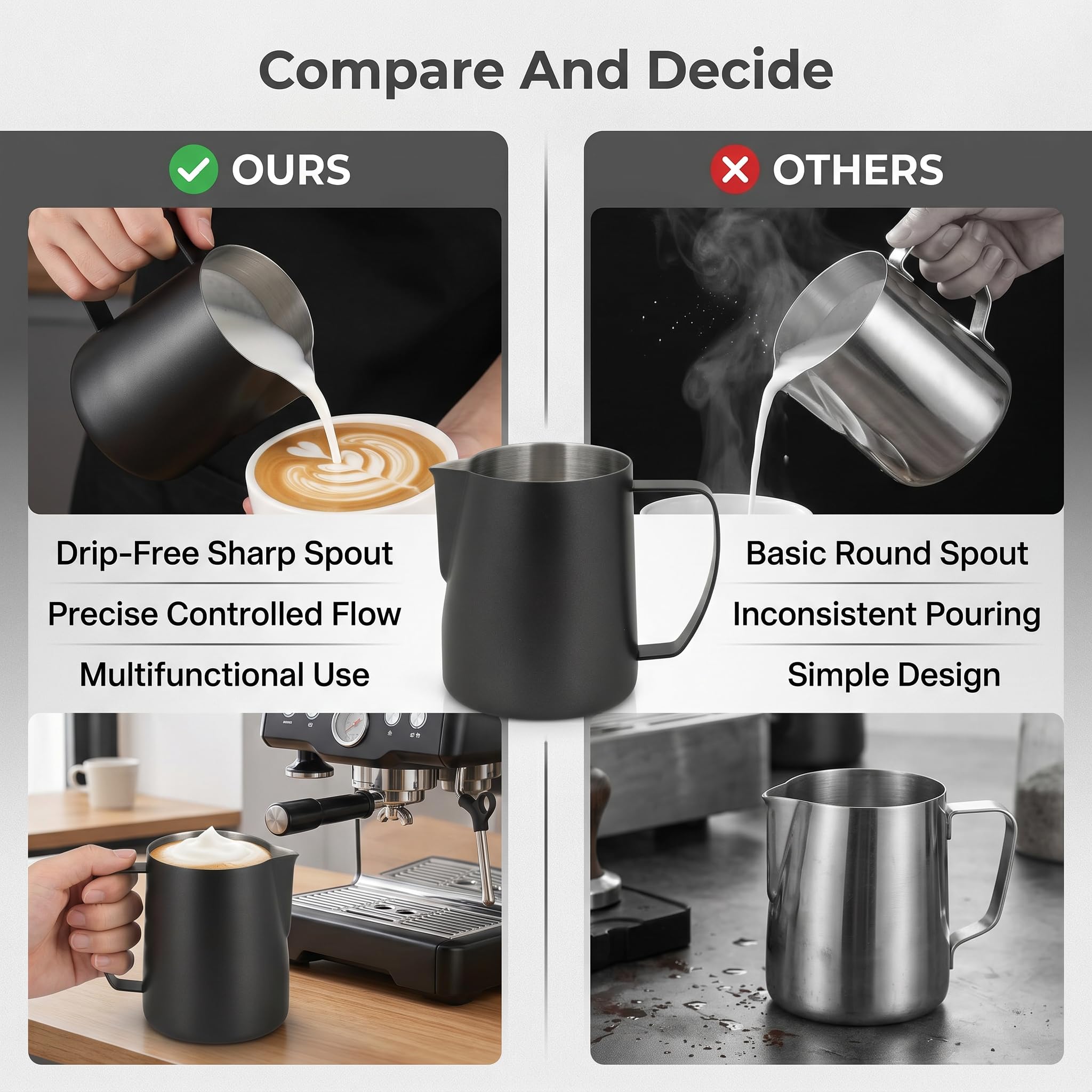 Akozon 700ML Dzbanek do Spieniania Mleka ze Stali Nierdzewnej 304 - Pogrubiony Teksturowany Dzbanek Latte Art do Kawy - Idealny dla Baristów i Domowego Browarnictwa (BLACK)