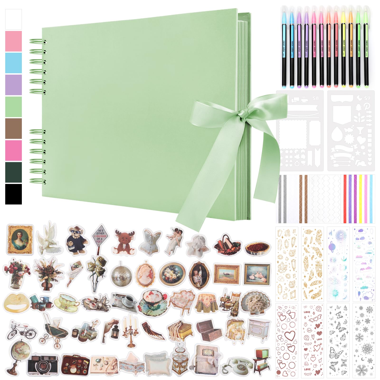 DazSpirit 80 Leere Seiten Fotoalbum zum Selbstgestalten, DIY Scrapbook Fotobuch zum Einkleben, mit 12 Marker & 7-Aufkleber, Gästebuch Ideal für Geburtstag Familie, Hochzeiten, Reisen, Grün