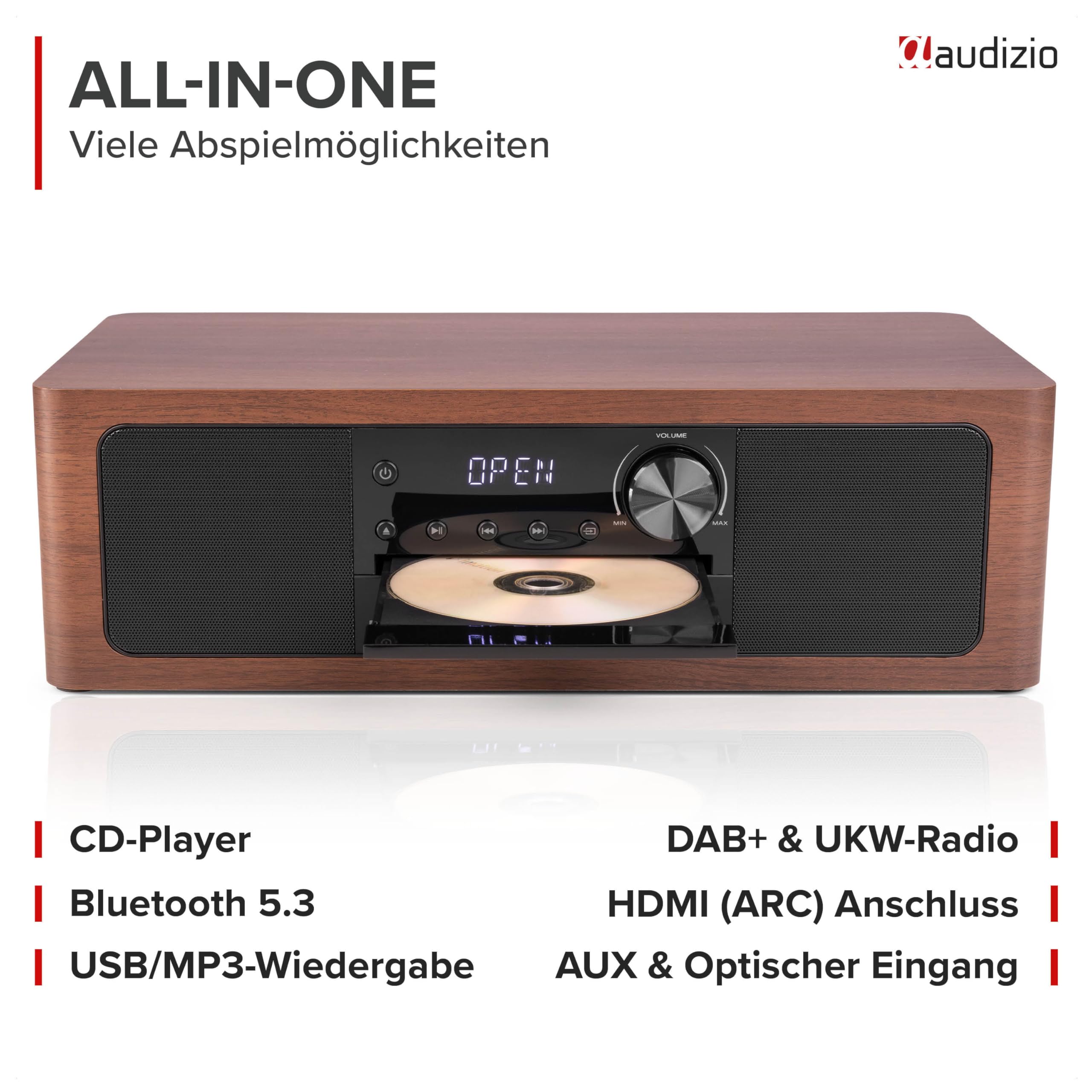 Audizio Lunata - DAB Radio mit CD Player, 100W Stereoanlage mit CD & Bluetooth 5.3 - Musikanlage mit HDMI, USB & AUX, DAB Plus Radio Musikanlage mit Fernbedienung - Schwarz/Holz
