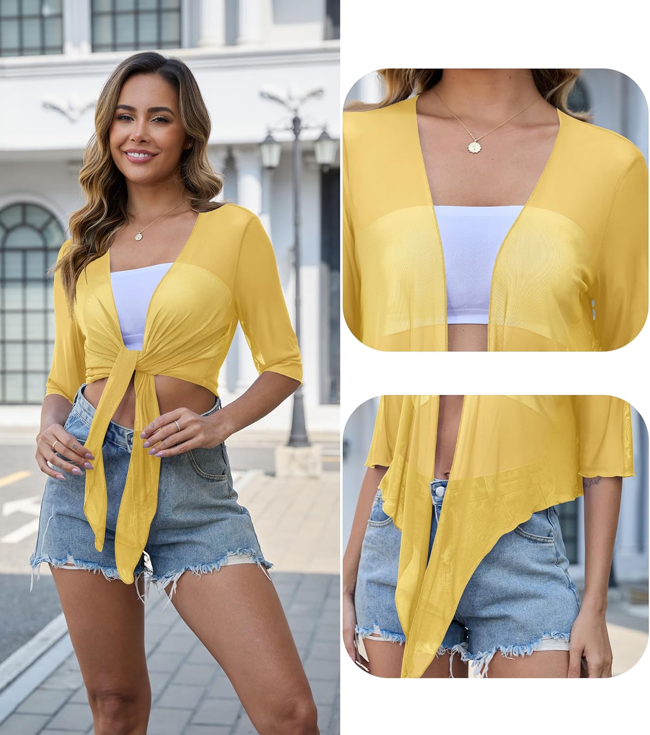 Womens 3/4 Sleeve Shrug Sheer Mesh Cardigans Tie Front Cropped Lightweight Bolero Shawl Top for Casual Going Out - Image 3