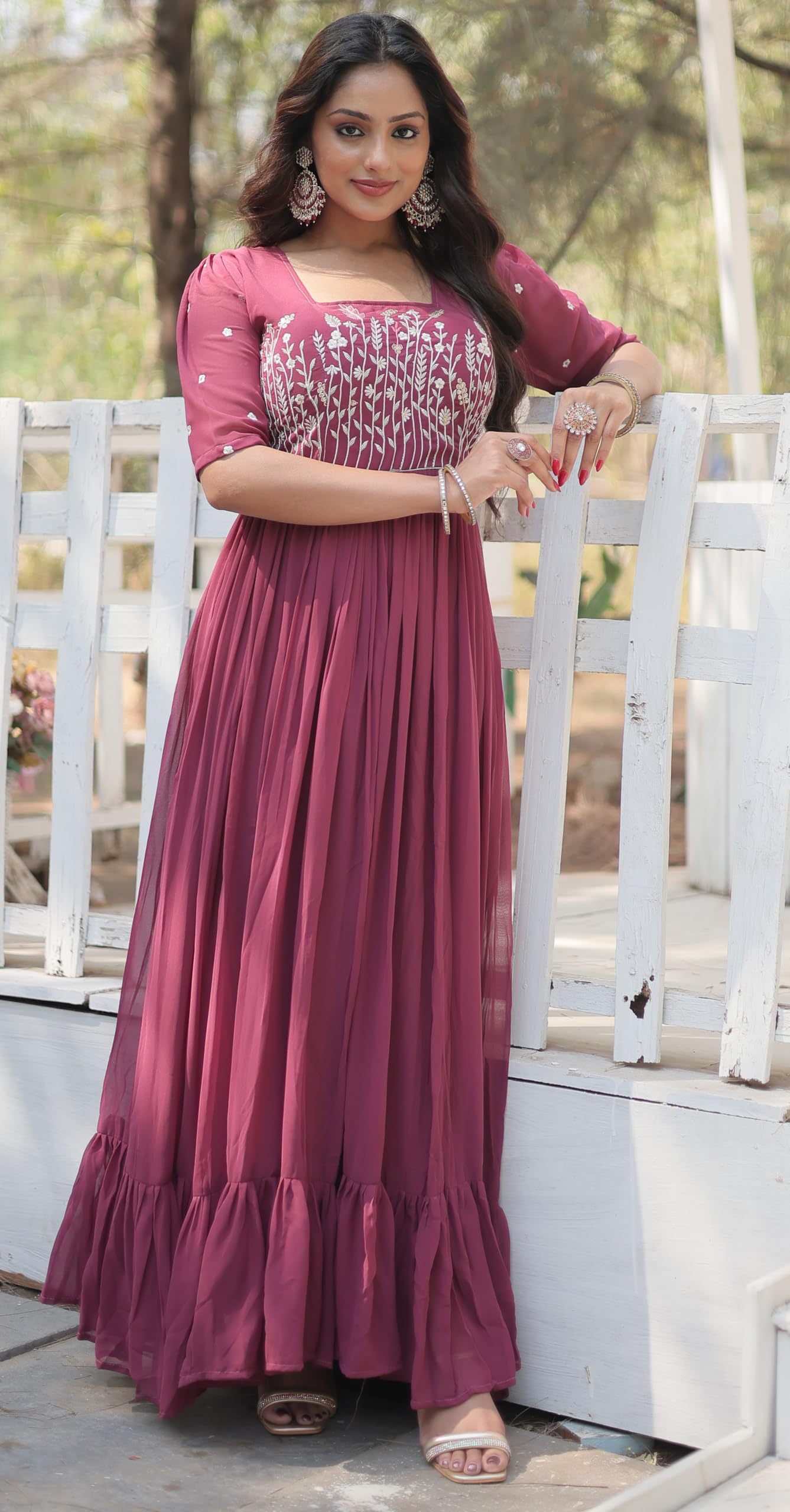 Fashion Basket Georgette Anarkali Gown With Sequins And Embroidery For Women With Long Sleeves (In, Alpha, S, Regular, Magenta)