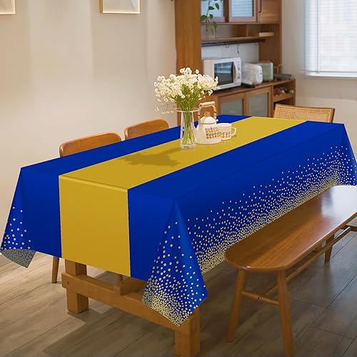 Miniatura 6 de OHOME Paquete de 4 manteles desechables de plástico para fiestas, manteles rectangulares azul real y dorado para bodas, cumpleaños, decoración del