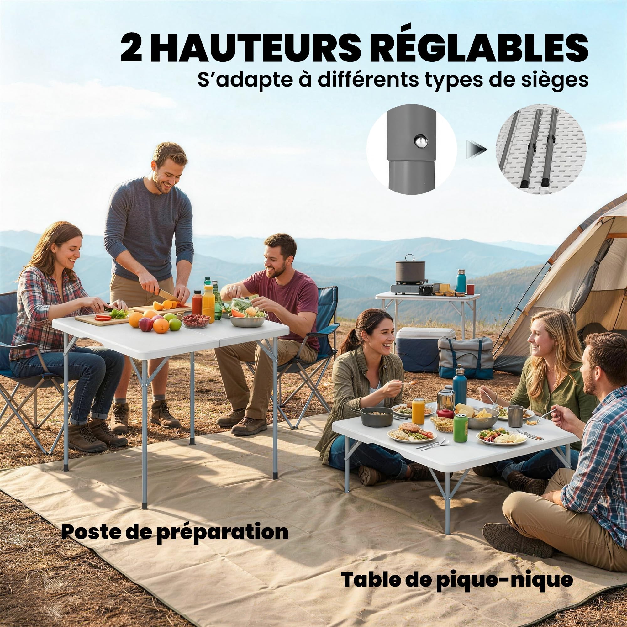 Outsunny Table Pliante en HDPE, Table de Camping Pliante carrée 86 x 86 x 74 cm, avec Une poignée, Hauteur réglable, pour intérieur/extérieur, pour la terrasse, Le Camping, la Plage, Blanc