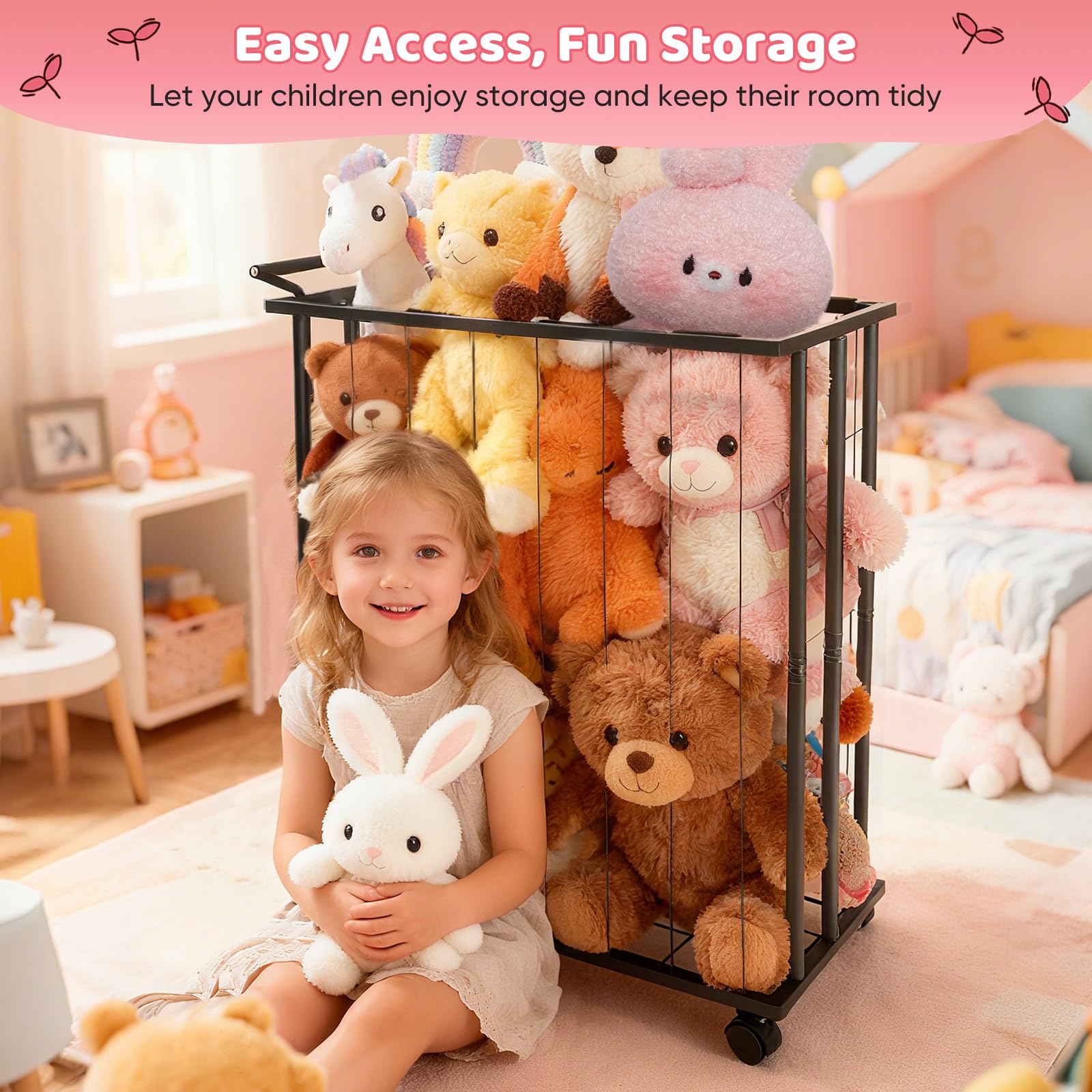 Rangement Mobile pour Peluches en Métal Noir, Organisateur de Jouets avec Cordes Élastiques, 83.6 x 65 x 32 cm, Zoo à roulettes pour Chambre d'enfant