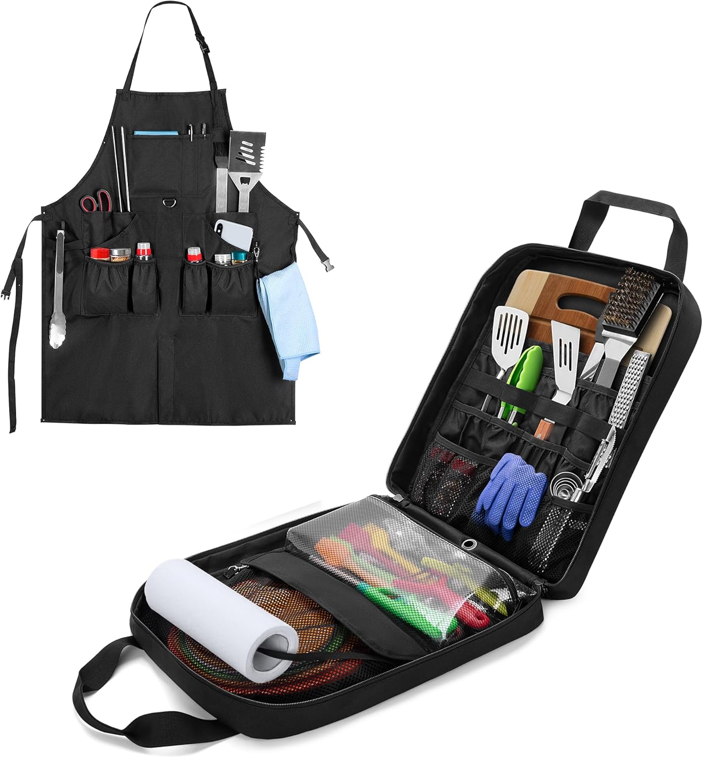 Hanging Camp Utensil Organizer & Large BBQ Grilling Apron, Portable Camping Kitchen Cookware Bag with Towel Paper Holder & Cooking Apron for Men with Pockets & Slit Hem