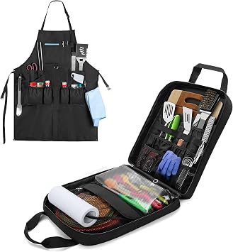 HODRANT Hanging Camp Utensil Organizer & Large BBQ Grilling Apron, Portable Camping Kitchen Cookware Bag with Towel Paper Holder & Cooking Apron for Men with Pockets & Slit Hem