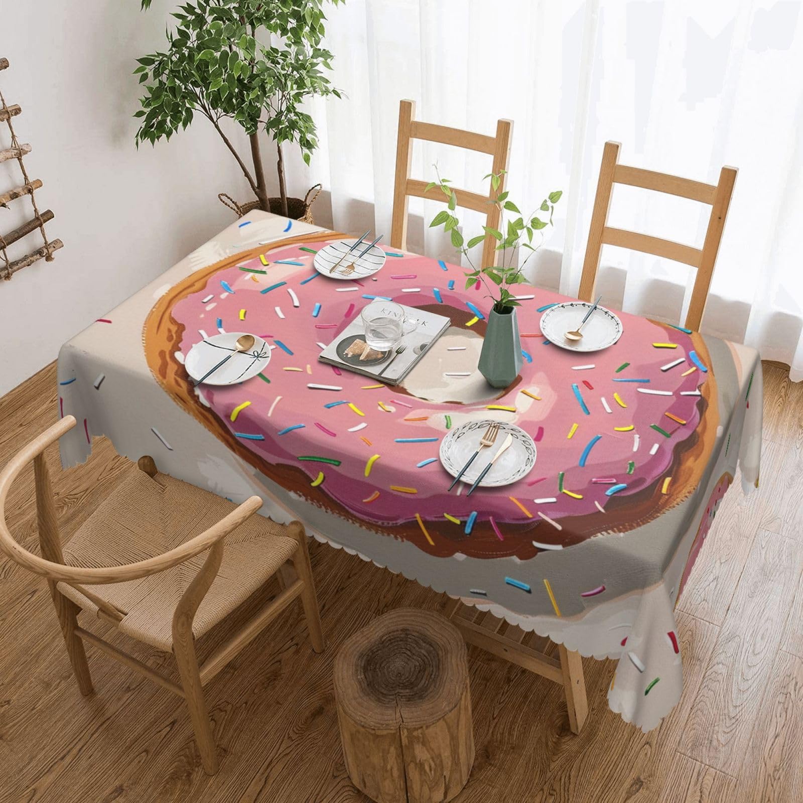 WPKJU Donuts Printed Rectangle Tablecloth 72x54 Inch with Lace Trim, Water-Resistant Washable Table Cover for Farmhouse Weddings, Outdoor Picnics & Holiday Dining