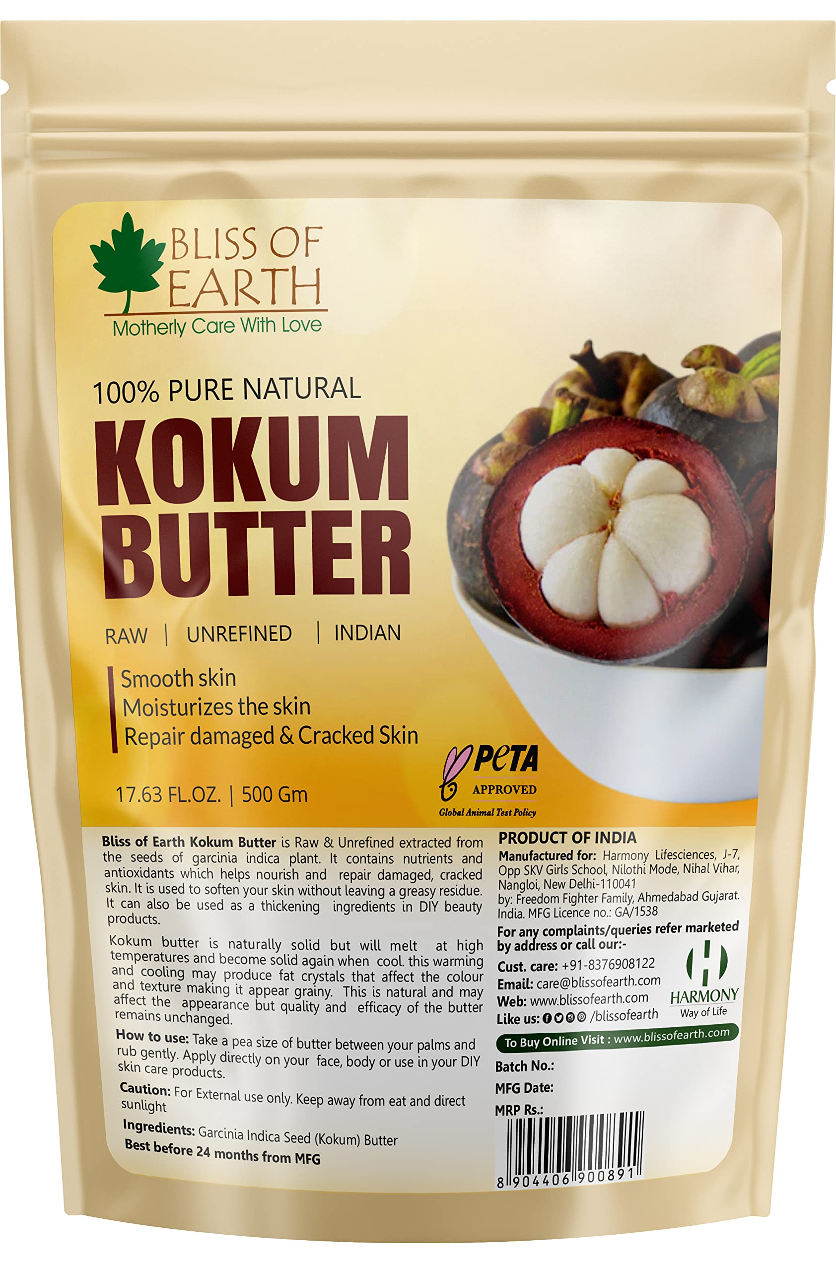 Bliss of Earth Kokum Butter Raw Organic Unrefined Moisturizer for Skin, Stretch Marks, & Scars, Kokum Butter for Hair, Body & Lips, Heals & Soothes Damaged Skin & Burns – 500g