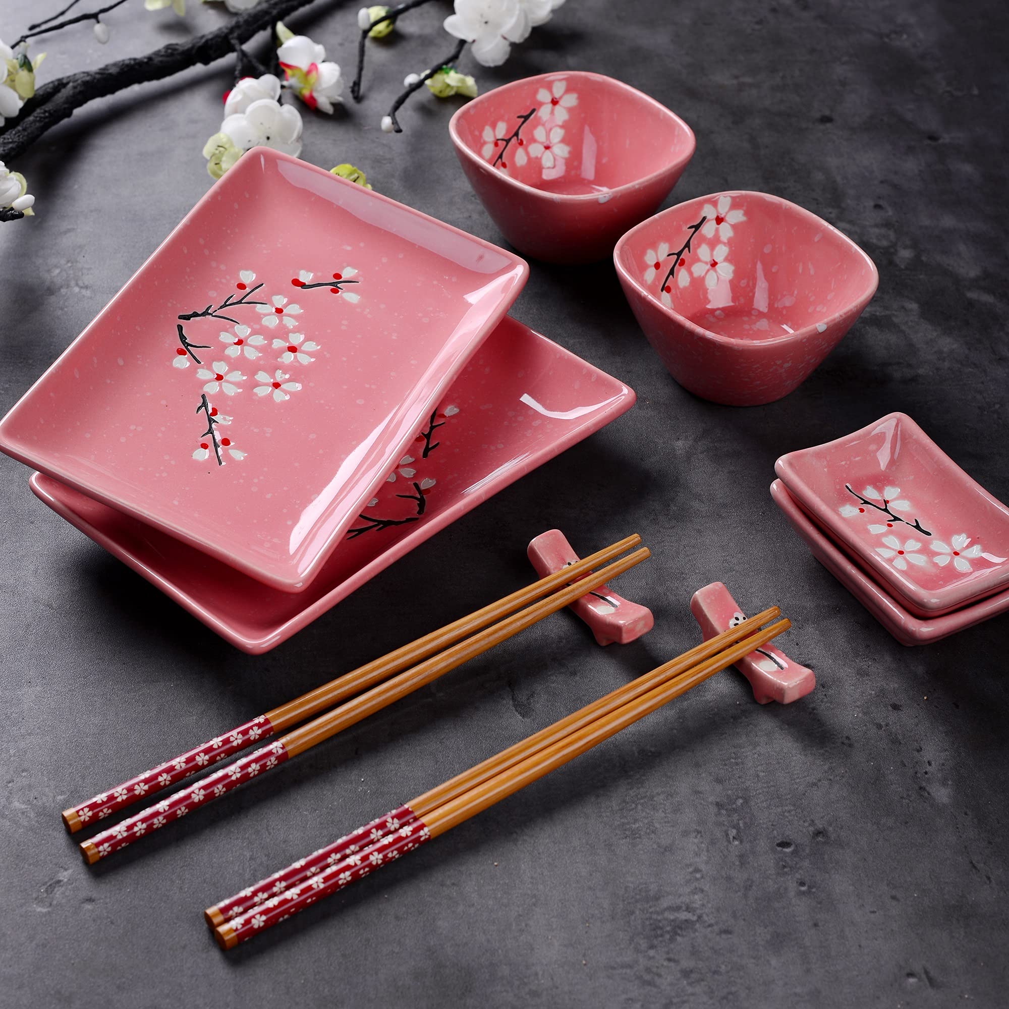Home & Treat Set 6 Ciotole In Ceramica Floreale Giapponese - 300 Ml Ciascuna - Adatte A Microonde E Lavastoviglie - Regalo Per Sushi, Riso, Zuppe, Dessert