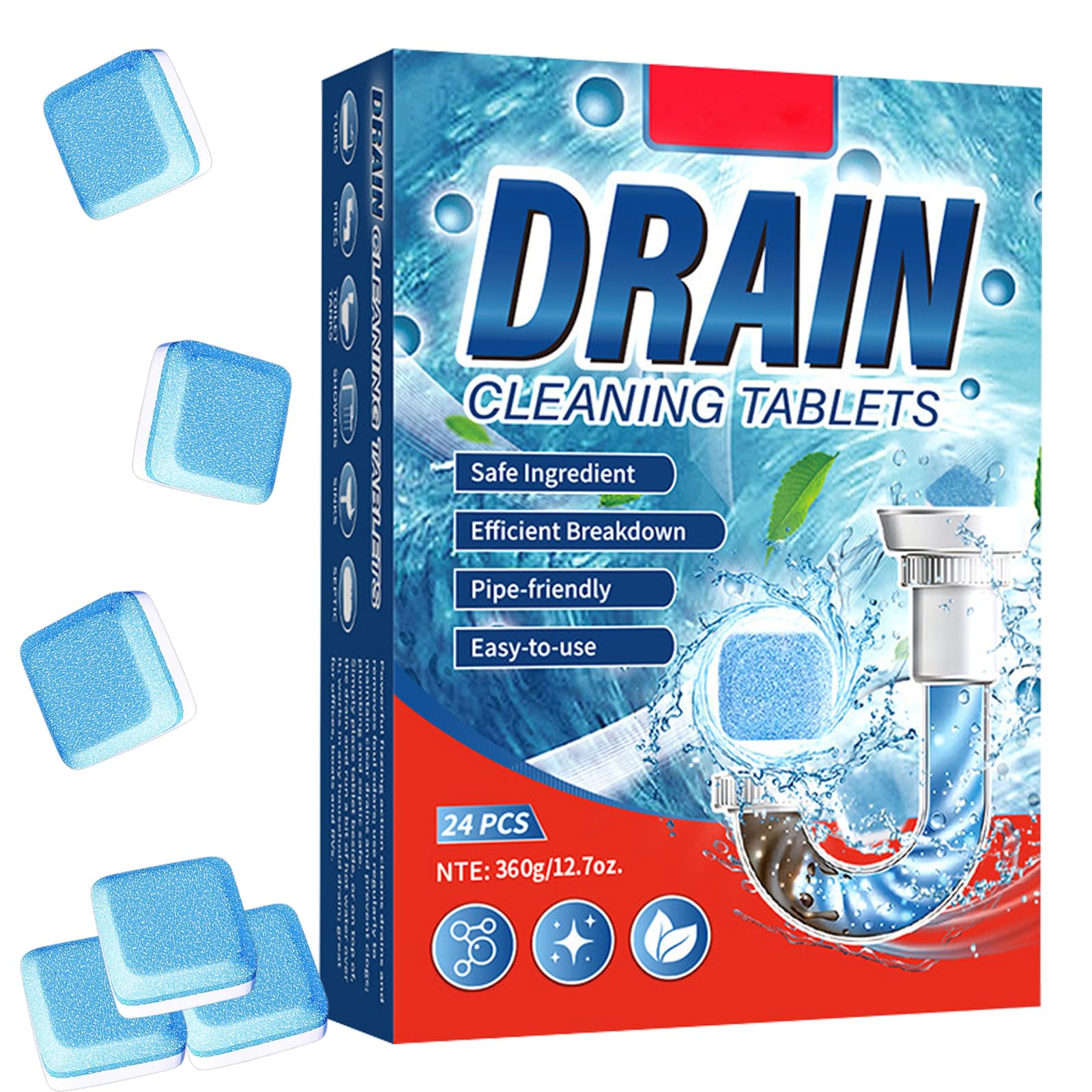 Toivize Pastiglie Stura-Scarichi, Pulitore WC & Tubi Schiumogeno FizzClean | Potente Contro DepositI, per WC, Lavabo & Scarichi, Delicato sui Materiali, 1 Confezione da 24 Pastiglie