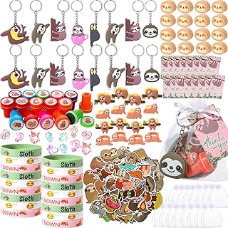 Seajan 162 Pcs Sloth Birthday Party Favors for 16 Kids Include Keychain Ring Bracelet Stamp Erasers Sticker Bag Thank You Tags for Sloth Theme Birthday Baby Shower Gift Bag Filler Party Decor