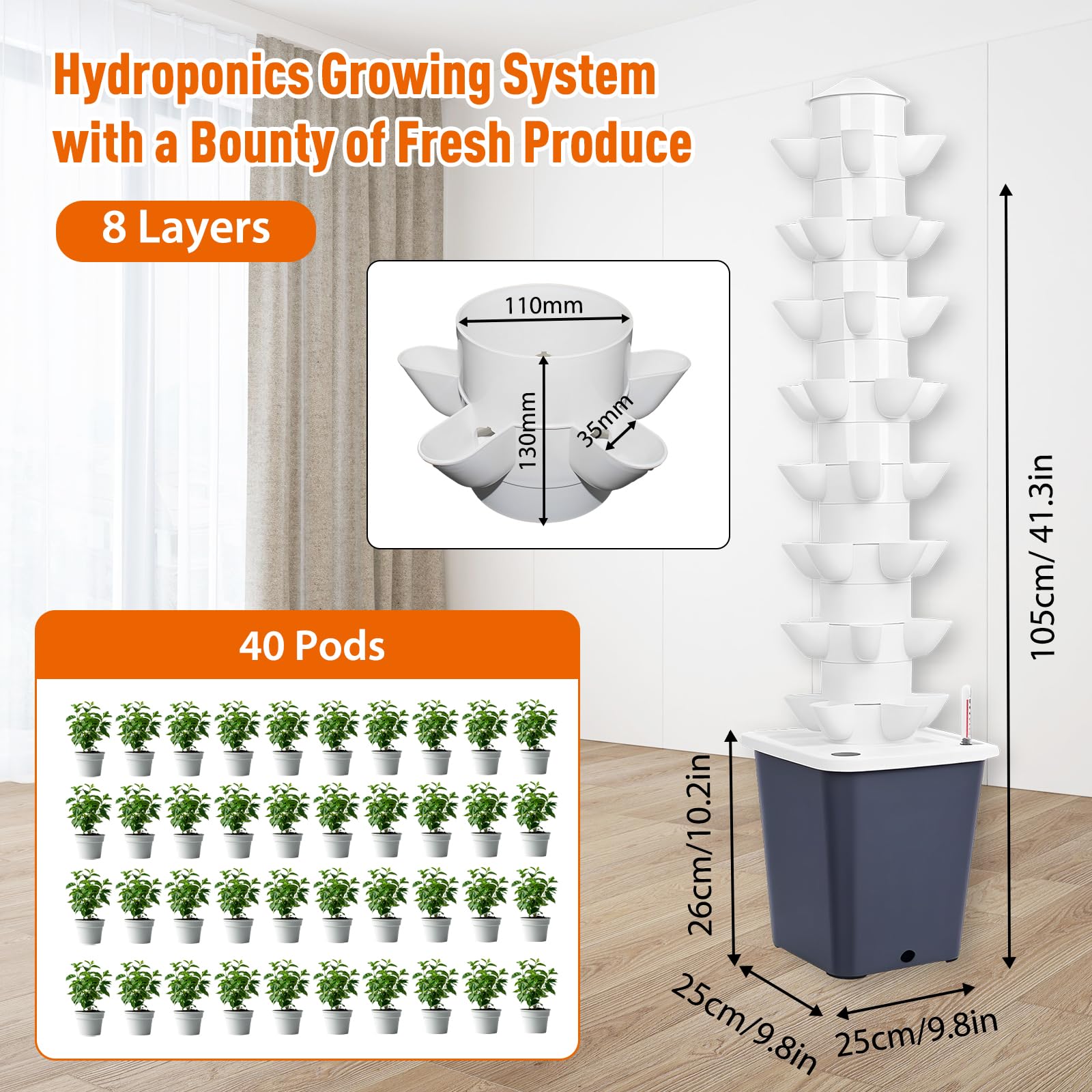 Torre Hidropónica 40 Pods, Sistema De Cultivo Vertical con Depósito 10L | Sistema Hidropónico Sin Tierra De 8 Capas Con Bomba De Agua, Kit Aeropónico Para Cultivar Hierbas, Frutas Y Verduras