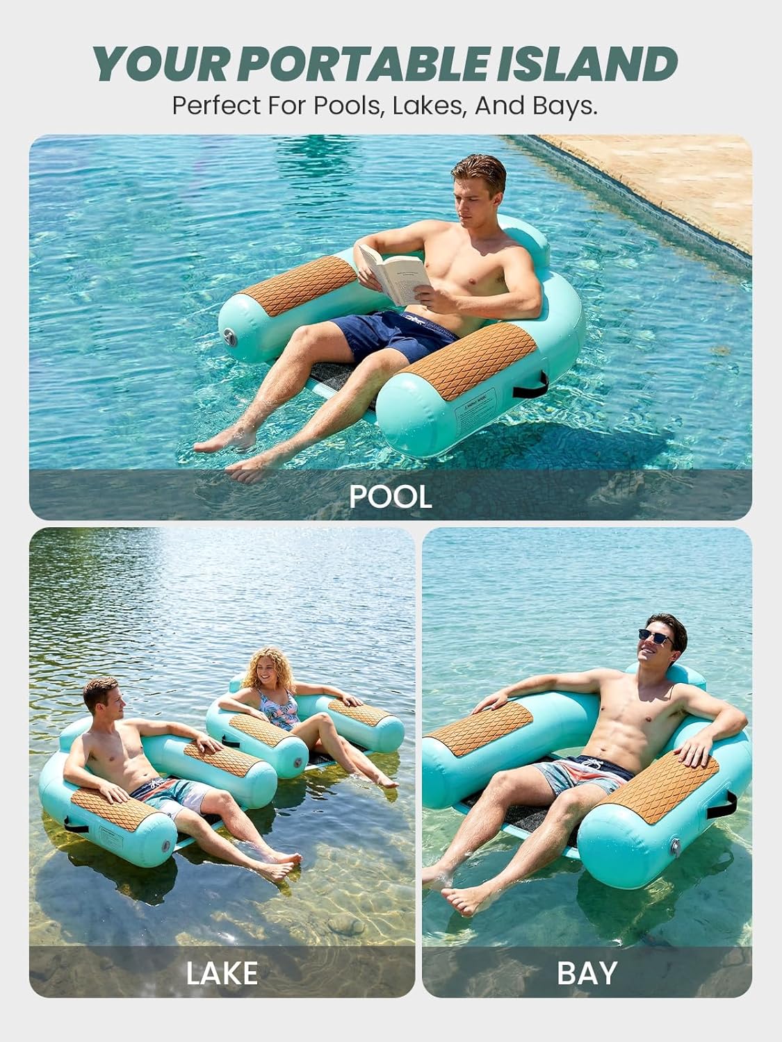 Zeraty Heavy Duty Drop-Stitch Floating Chair Inflatable Pool Lounger for Adults, Premium Water Hammock with Cooling Mesh & EVA Armrests, Blow Up Sunbathing Tanning Float for Pool, Lake Beach (300 Lbs)
