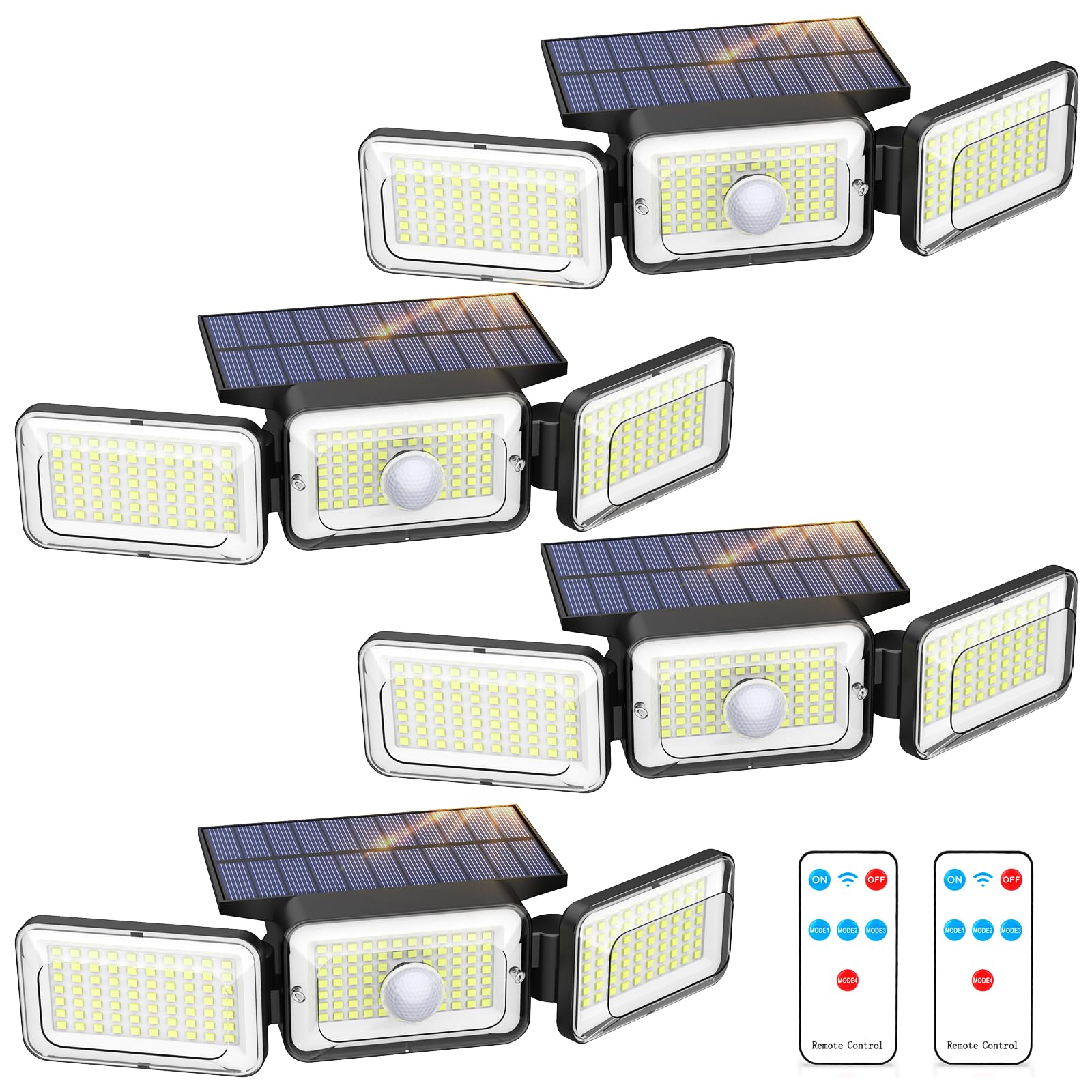 4 Pack Solar Lights Outdoor, 2800LM 218 Led Motion Sensor Outdoor Lights with Remote Control, 3 Heads IP65 Waterproof Security Solar Flood Lights for Outside Backyard Yard Porch