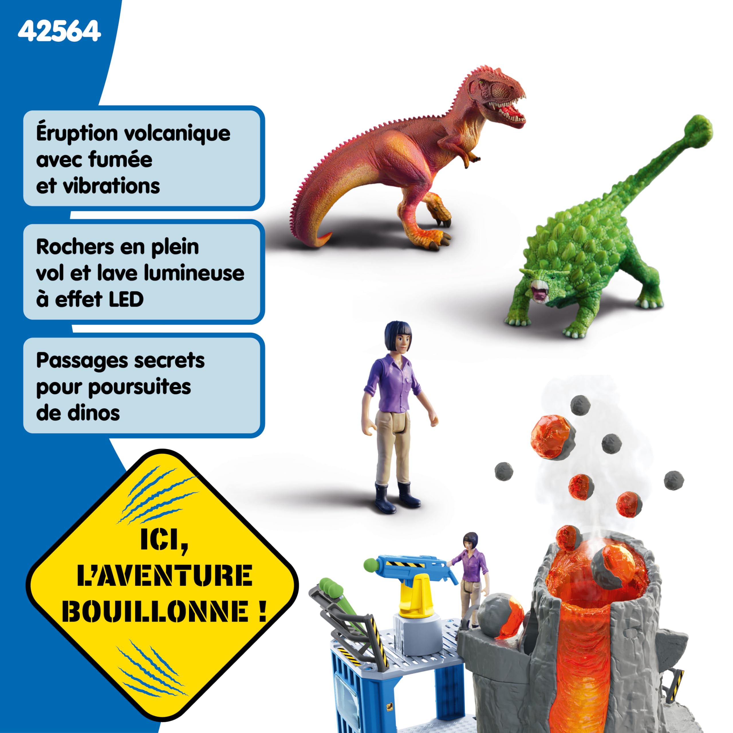 Schleich Dinosaurs - 42564 Expédition au Grand Volcan, Set de Figurines Dinosaures avec Un Volcan en éruption LED, Une Figurine de chercheuse et 2 Jouets Dinosaures pour Enfants âgés de 5 Ans et Plus
