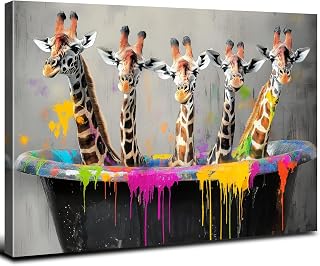 Colorful Giraffe Wall Art Funny Animals Picture for Nursery Room Graffiti Bathtub Giraffes Painting Canvas Prints Kids Bathroom Wall Decor Cute Wildlife Artwork Bedroom Restroom Home Decoration 12x16"