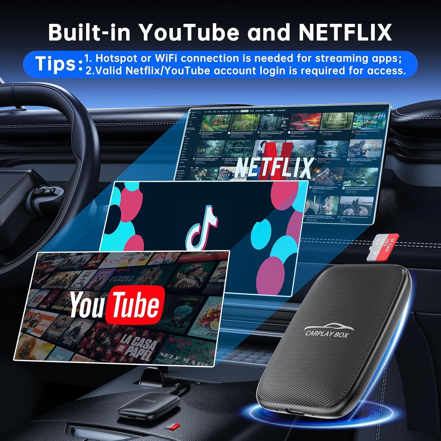 Adattatore per auto wireless CarPlay e Android 5 in 1, con Netflix, YouTube, scheda TF, Plug & Play, Magic Video Ai Box per veicoli con Apple CarPlay cablato originale