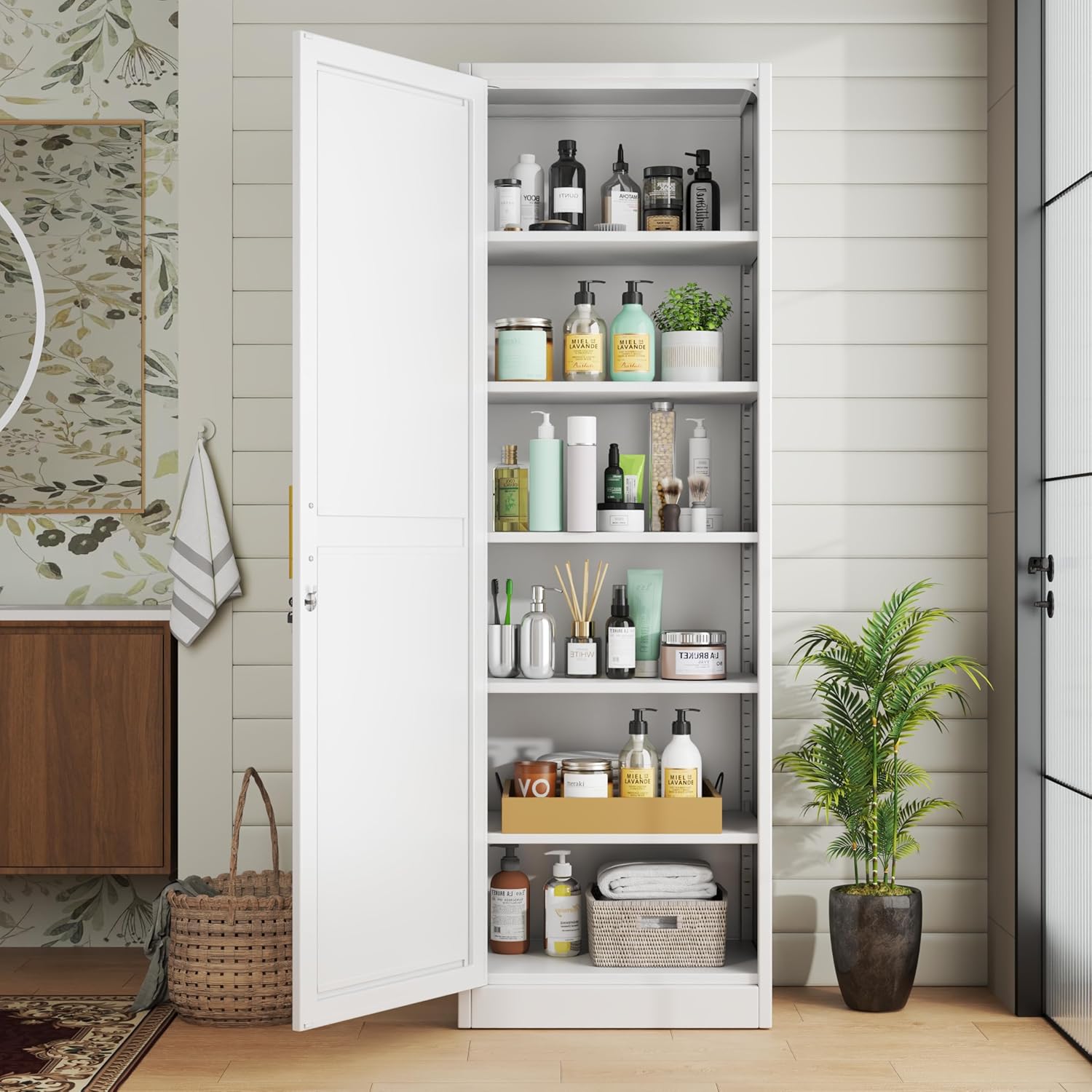 Metal Locker Cabinet, 19.7’’W Narrow Lockable Single Door File Storage Cabinet with 5 Adjustable Shelves, Multi-Room Use for Bathroom, Kitchen, Office Home, Garage, White