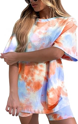 Miniatura 7 de Conjunto de dos piezas de teñido anudado para mujer, conjunto casual de dos piezas de manga corta, camisetas de manga corta