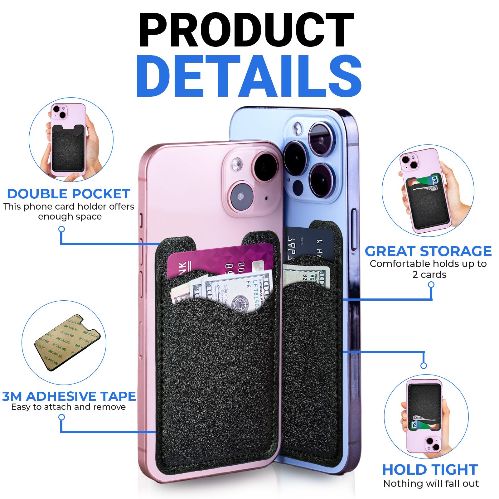 Cartera para teléfono móvil, soporte para tarjetas de crédito para teléfono, funda de piel tipo cartera para teléfono, cartera para teléfono celular, cartera adhesiva para iPhone, Samsung y